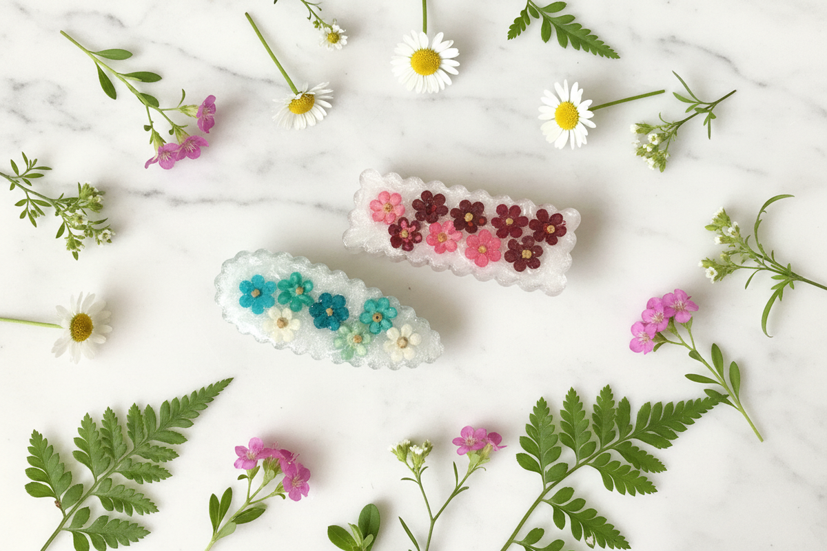 Pressed Flower Hair Clips - Marble Flat Lay