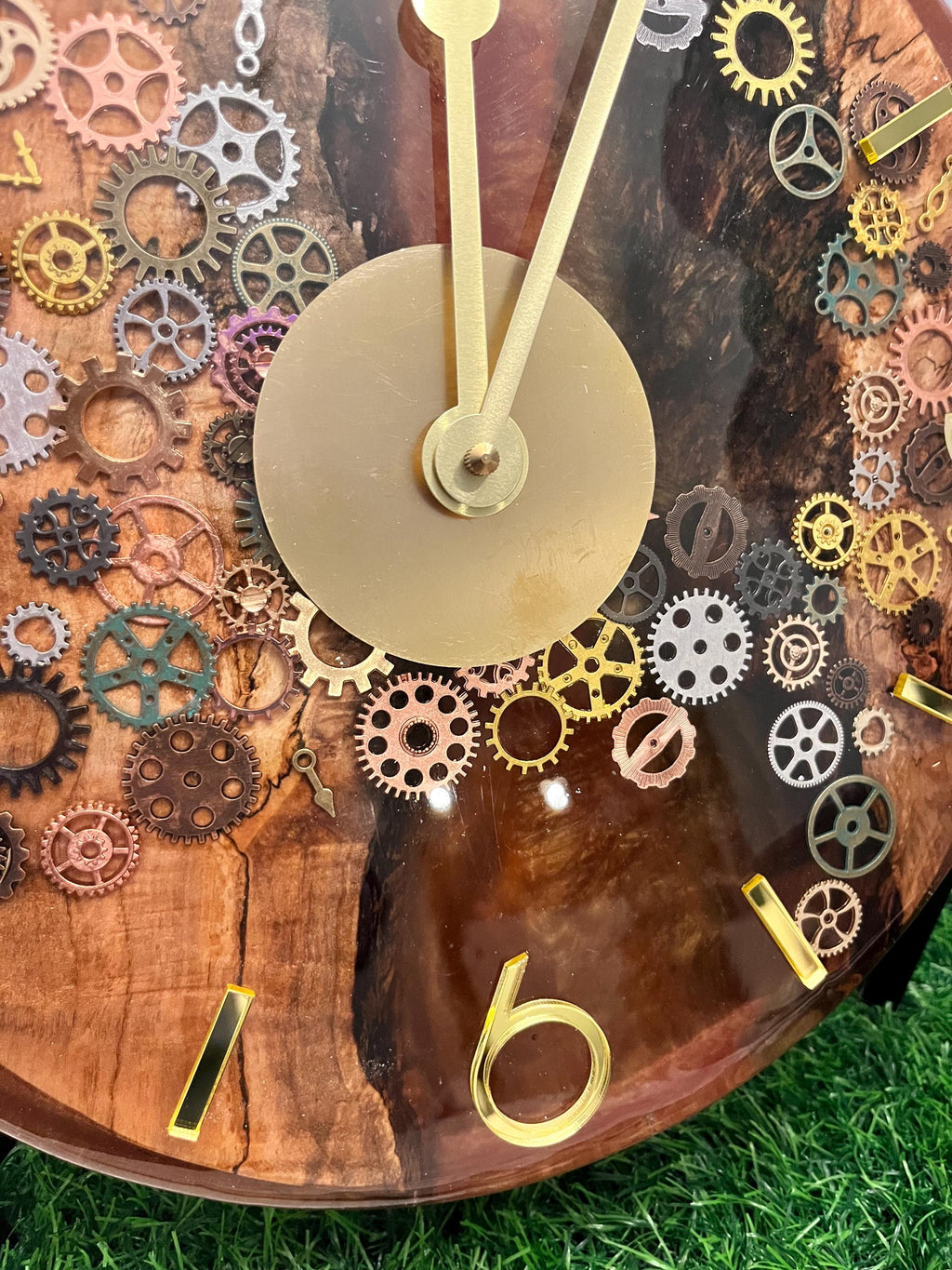 Resin Black Walnut Gears Clock: Gold Accents, Modern Decor (12 inch)