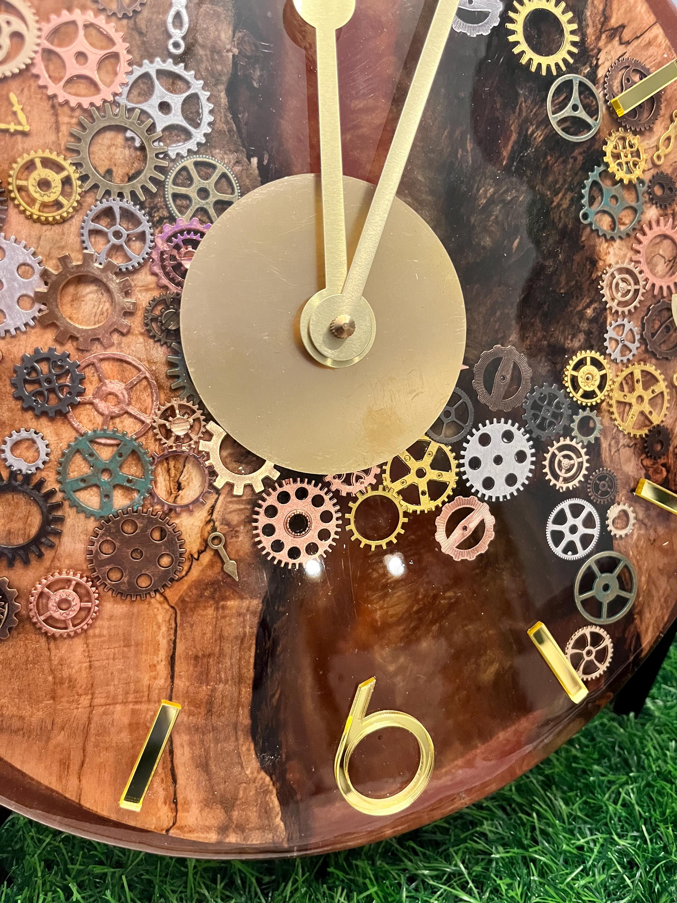 Resin Black Walnut Gears Clock: Gold Accents, Modern Decor (12 inch)