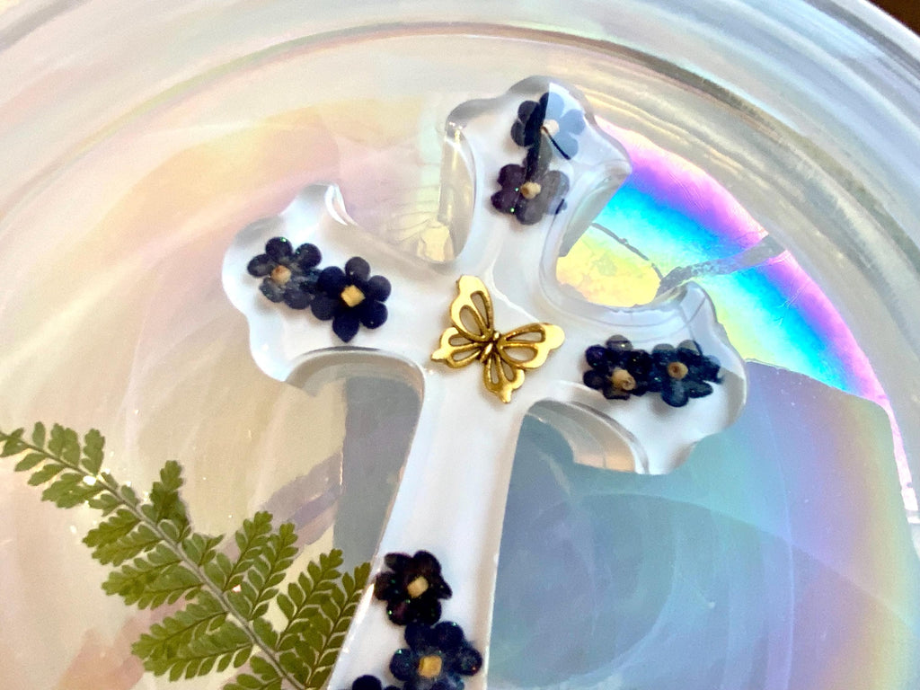 Epoxy Resin Cross with Flowers: Christening Gift