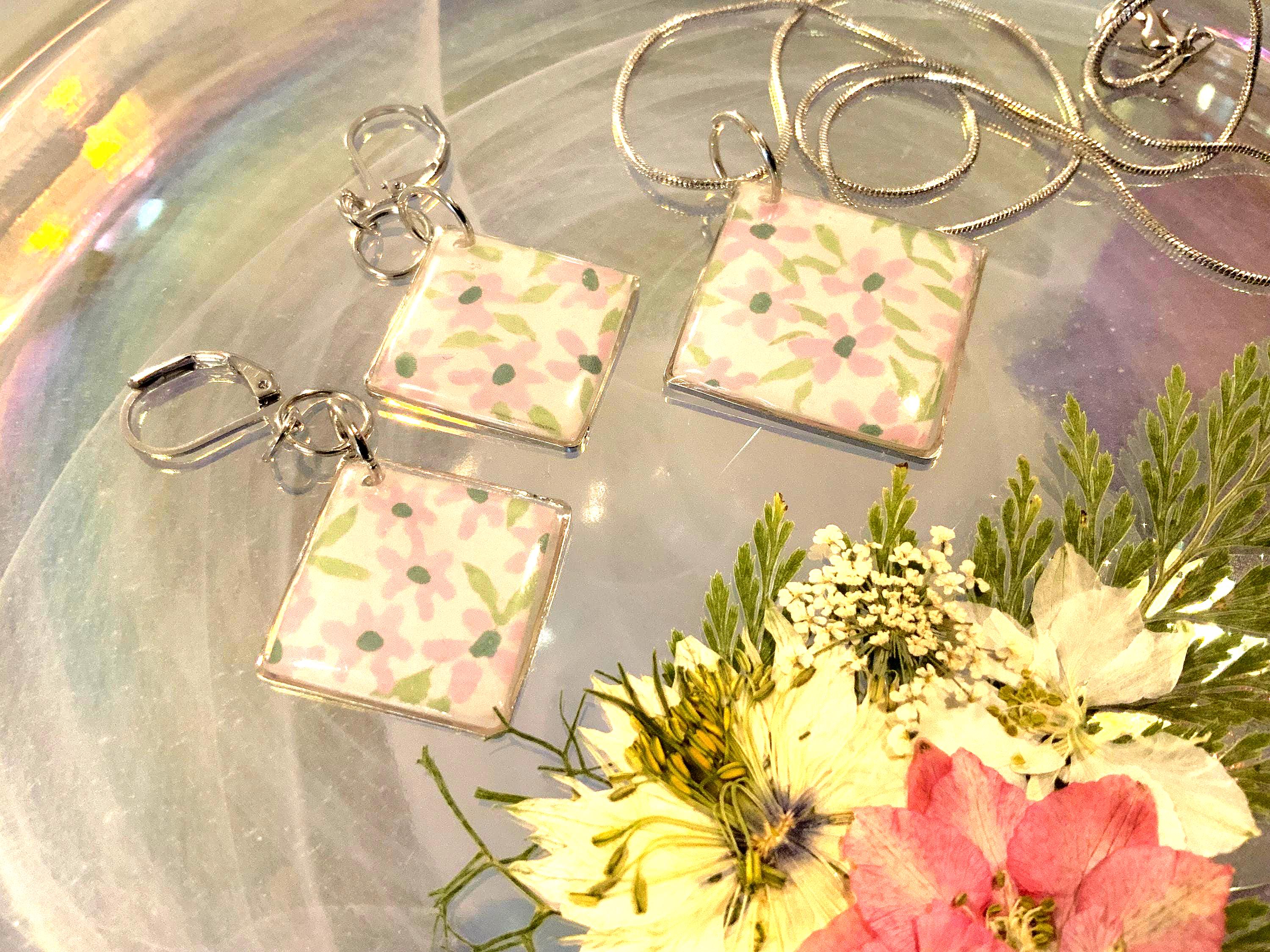 Pink Daisy Pendant and Earring Set