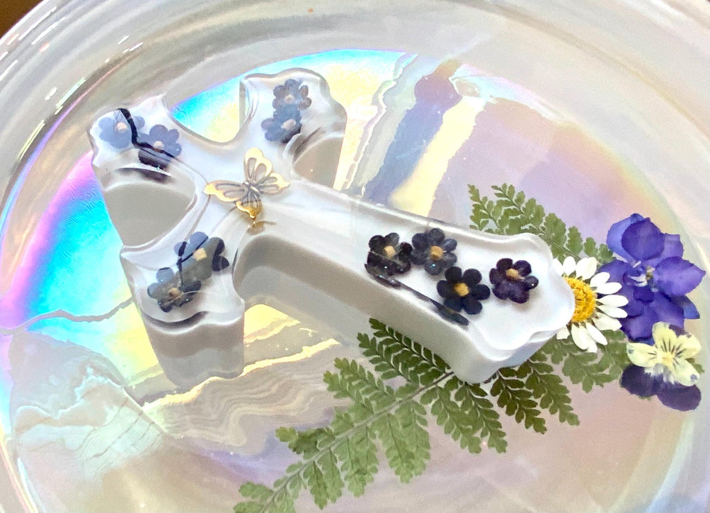 Epoxy Resin Cross with Flowers: Christening Gift