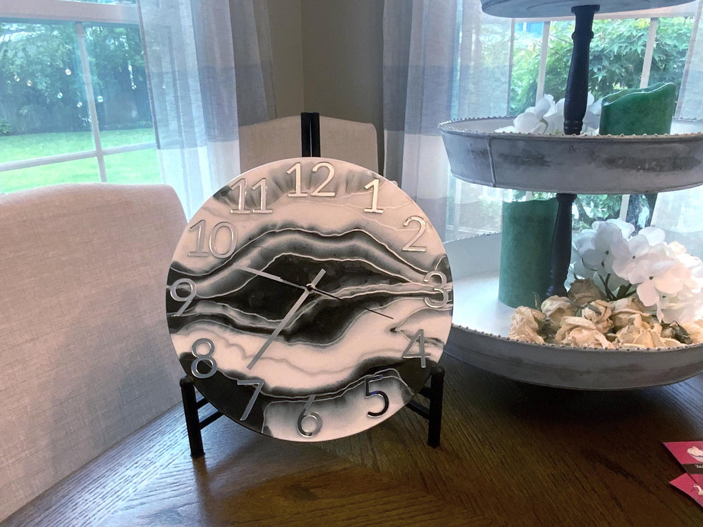 Modern Marbleized Clock: Black, Grey & Silver - 12" Diameter