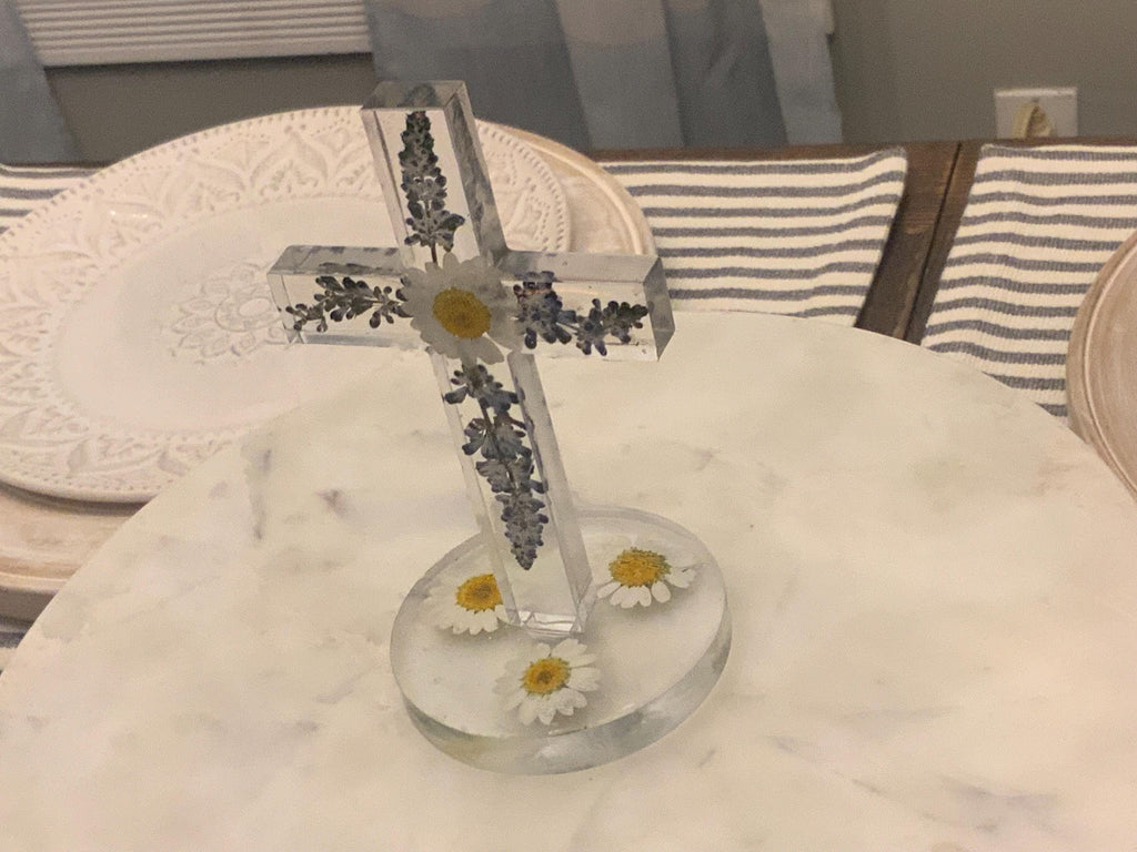 Personalized Floral Standing Cross: Nursery Decor, Christening Gift