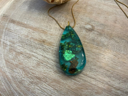 Aqua Teardrop Pendant Necklace – Gold Leaf Resin Jewelry
