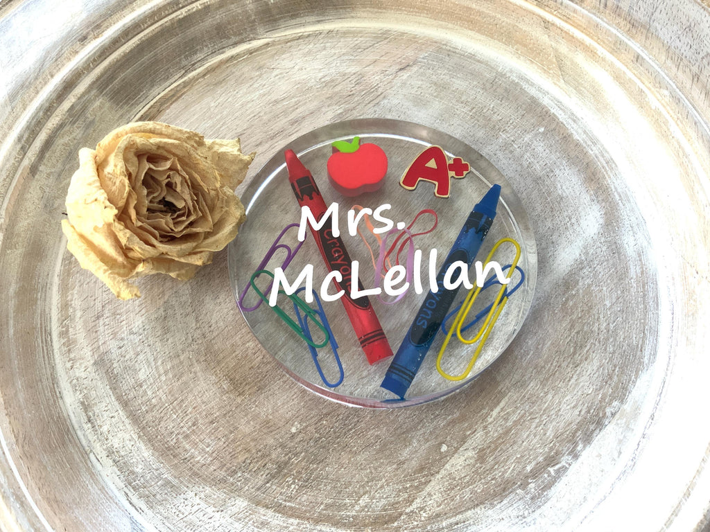 Personalized Teacher Gift Paperweight – Resin Apple & Crayon Keepsake