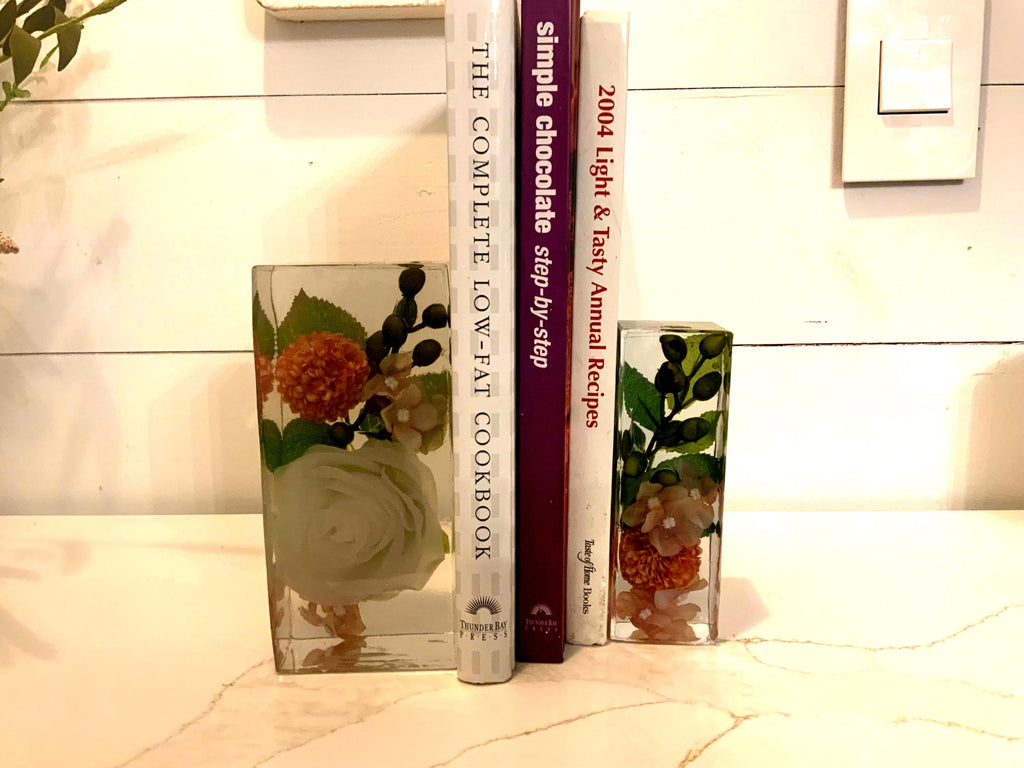Handmade Resin Bookends – White Rose Design, Decorative Book Holder