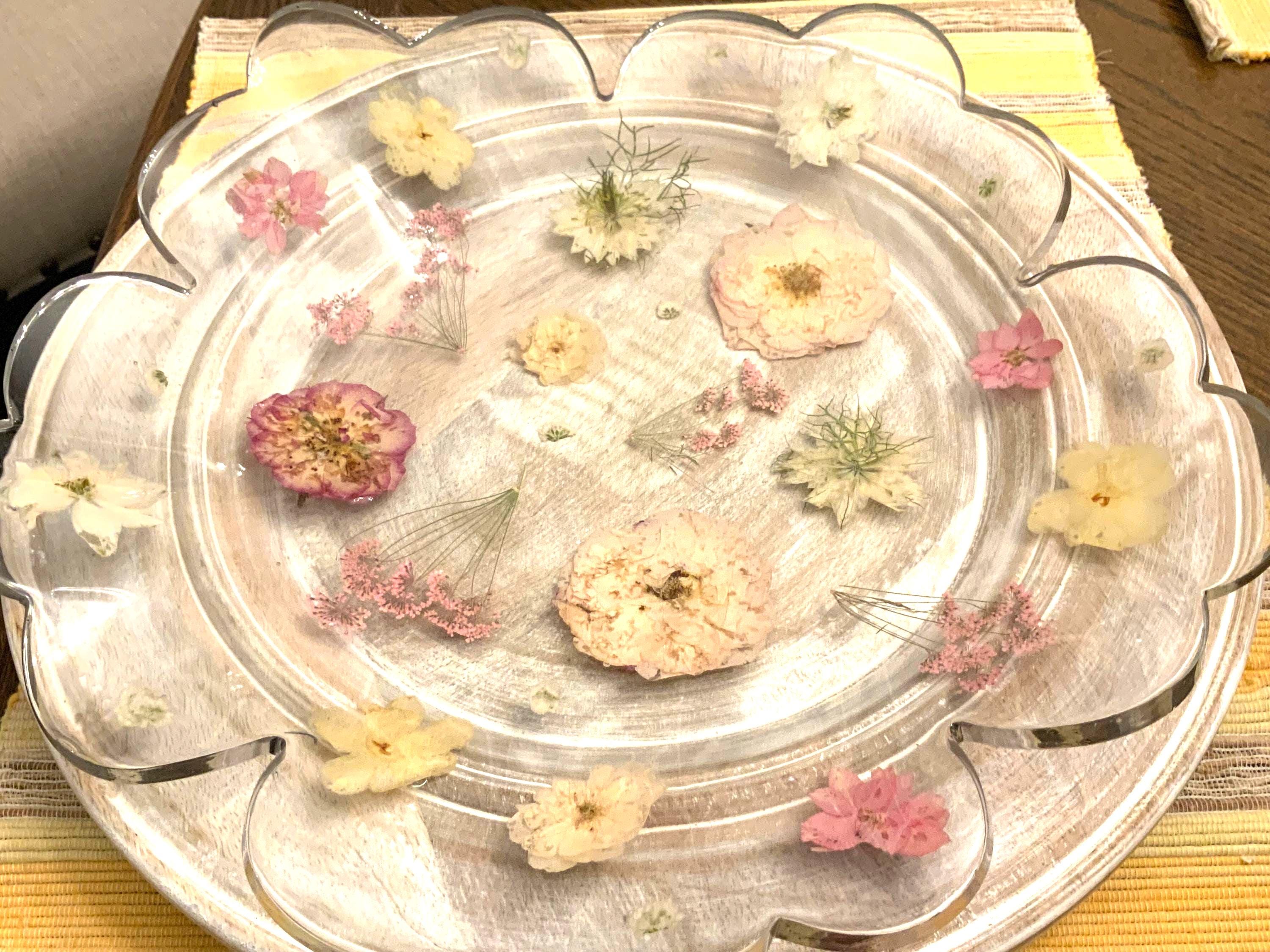 Resin Pressed Flower Bowl: Silver Rimmed Floral Decor