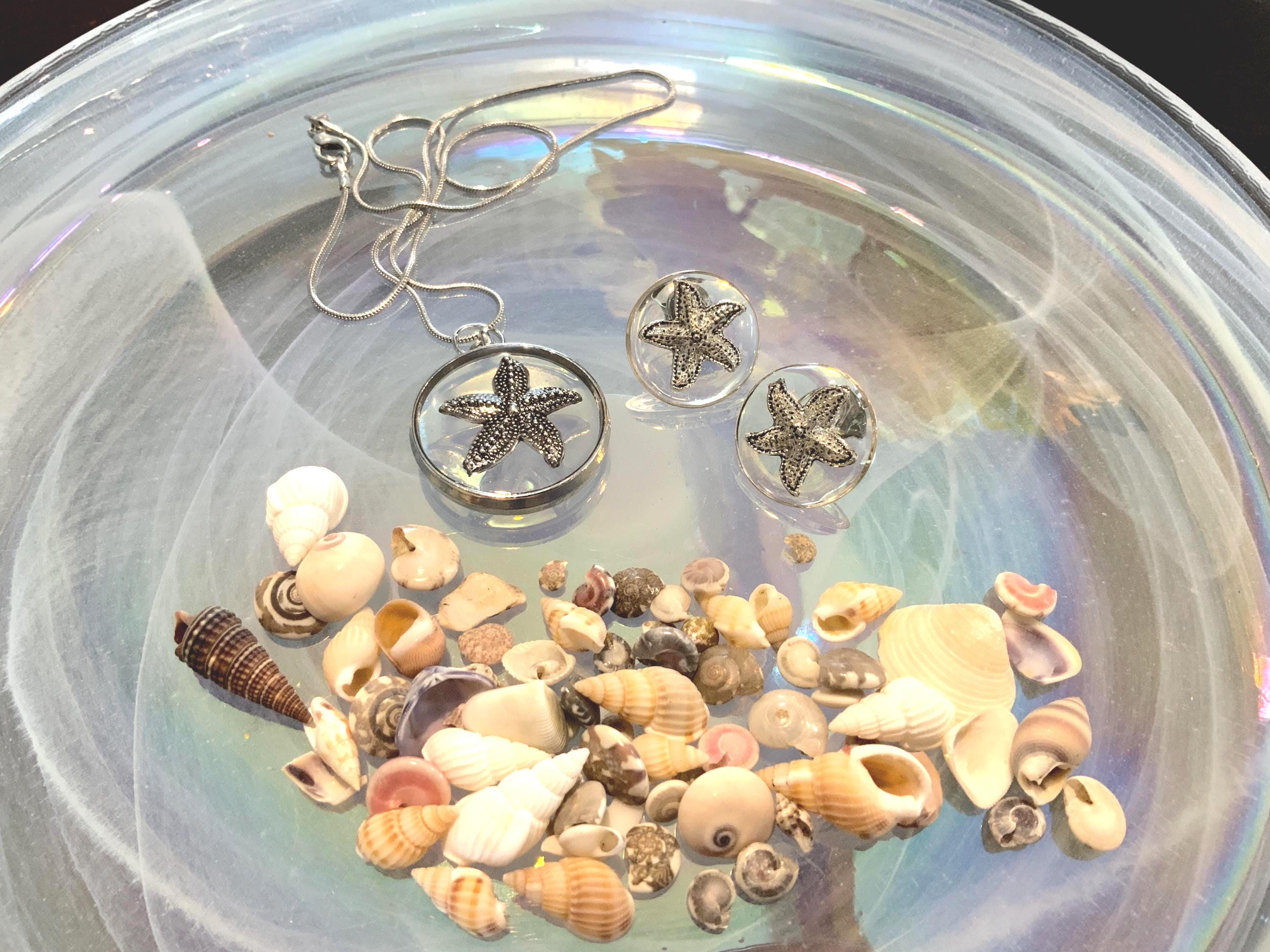 Starfish Pendant Necklace and Earring Set: Stainless Steel, 18" Snake Chain