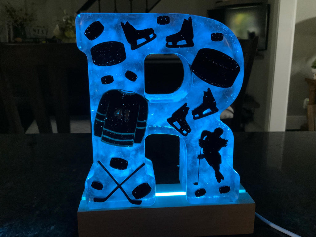 Handmade Resin Lighted Letter – Ice Hockey Theme, Sports Fan Gift