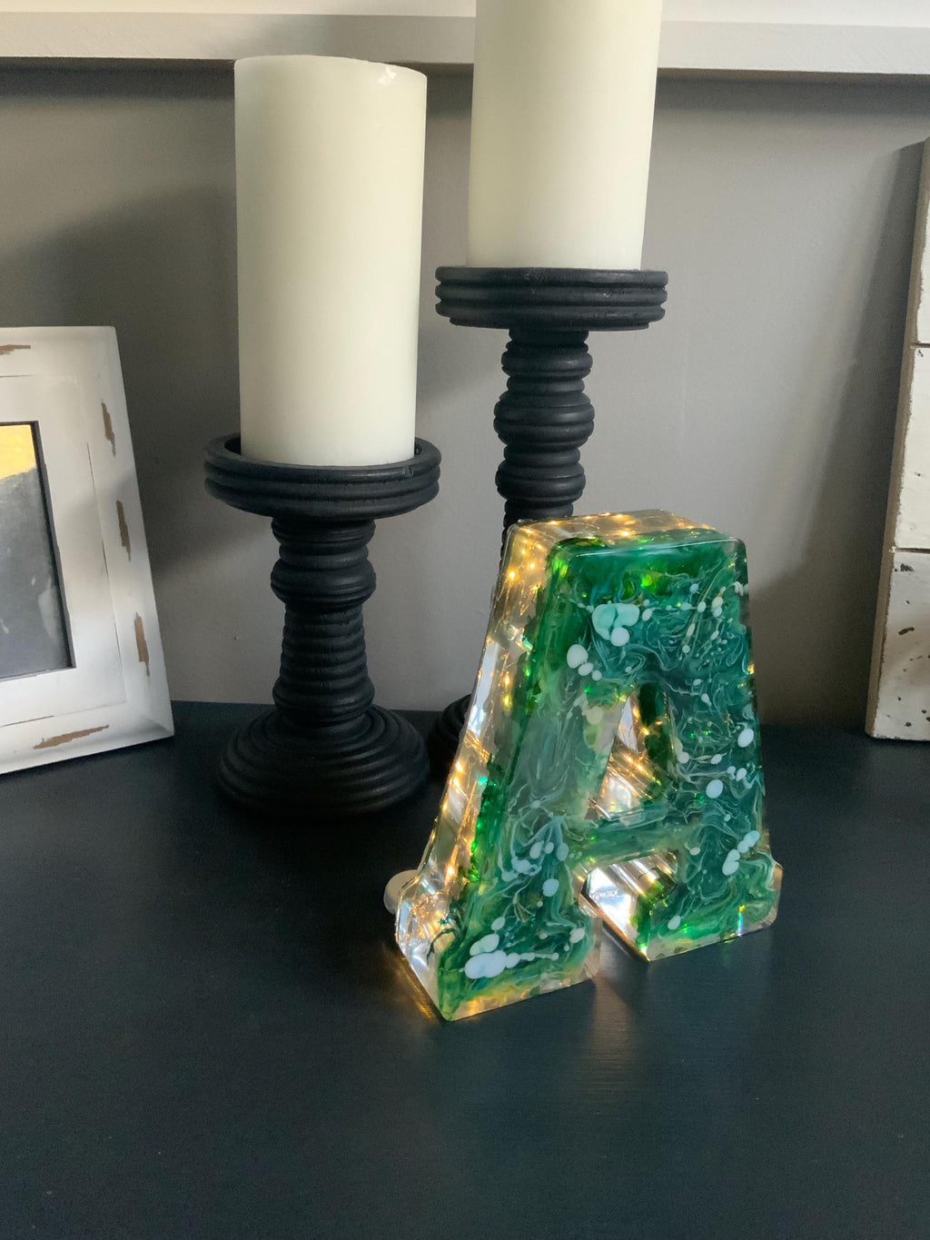 Handmade Resin Lighted Letter – Green Swirl Night Light Decor