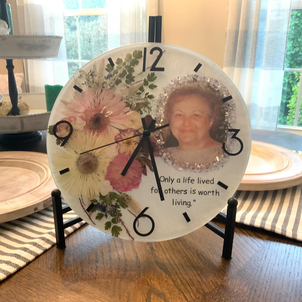 Personalized Memorial Clock – Photo & Quote Pressed Flower Keepsake Gift