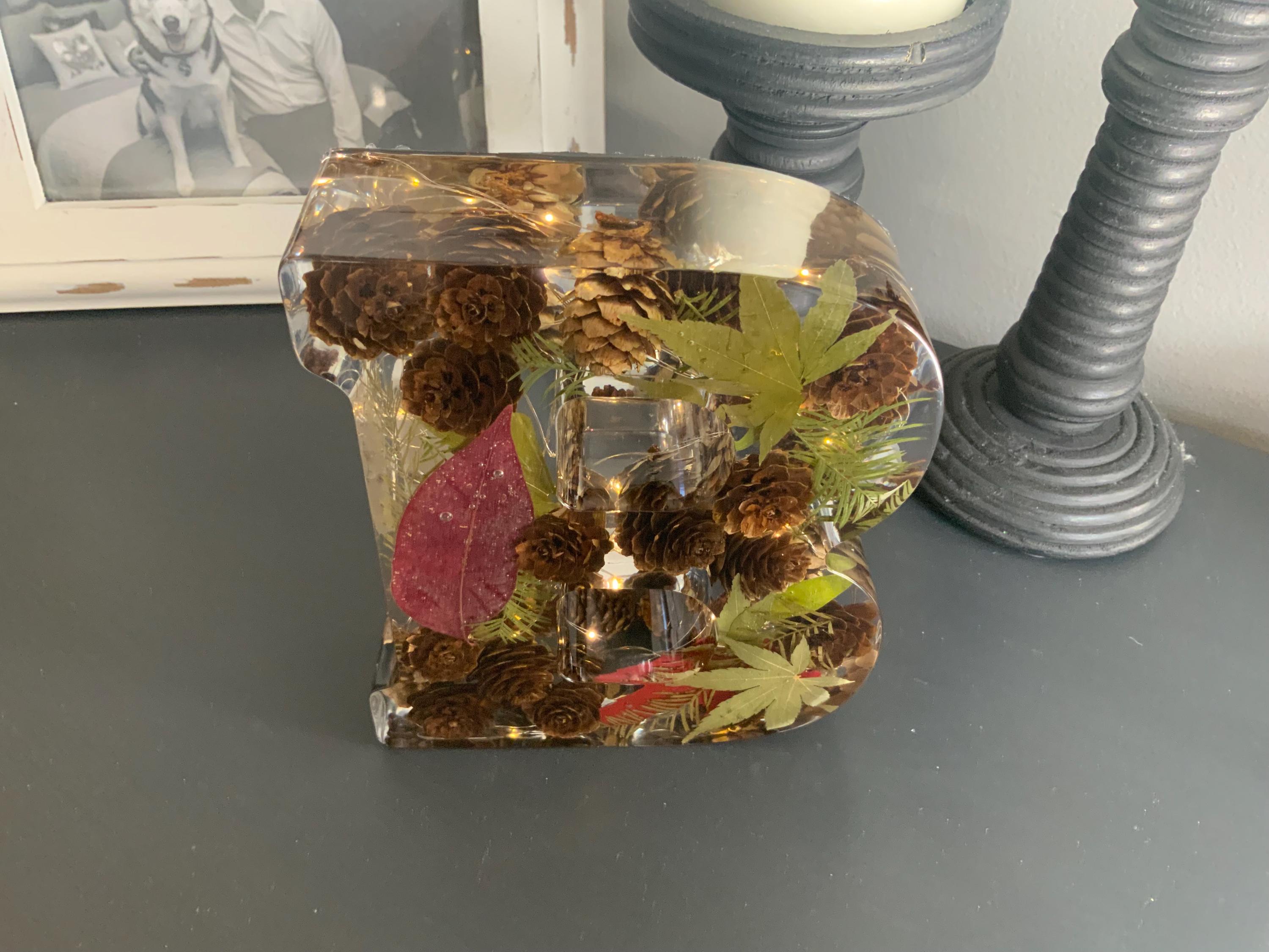 Handmade Resin Lighted Letter – Pinecone & Leaves Night Light Decor