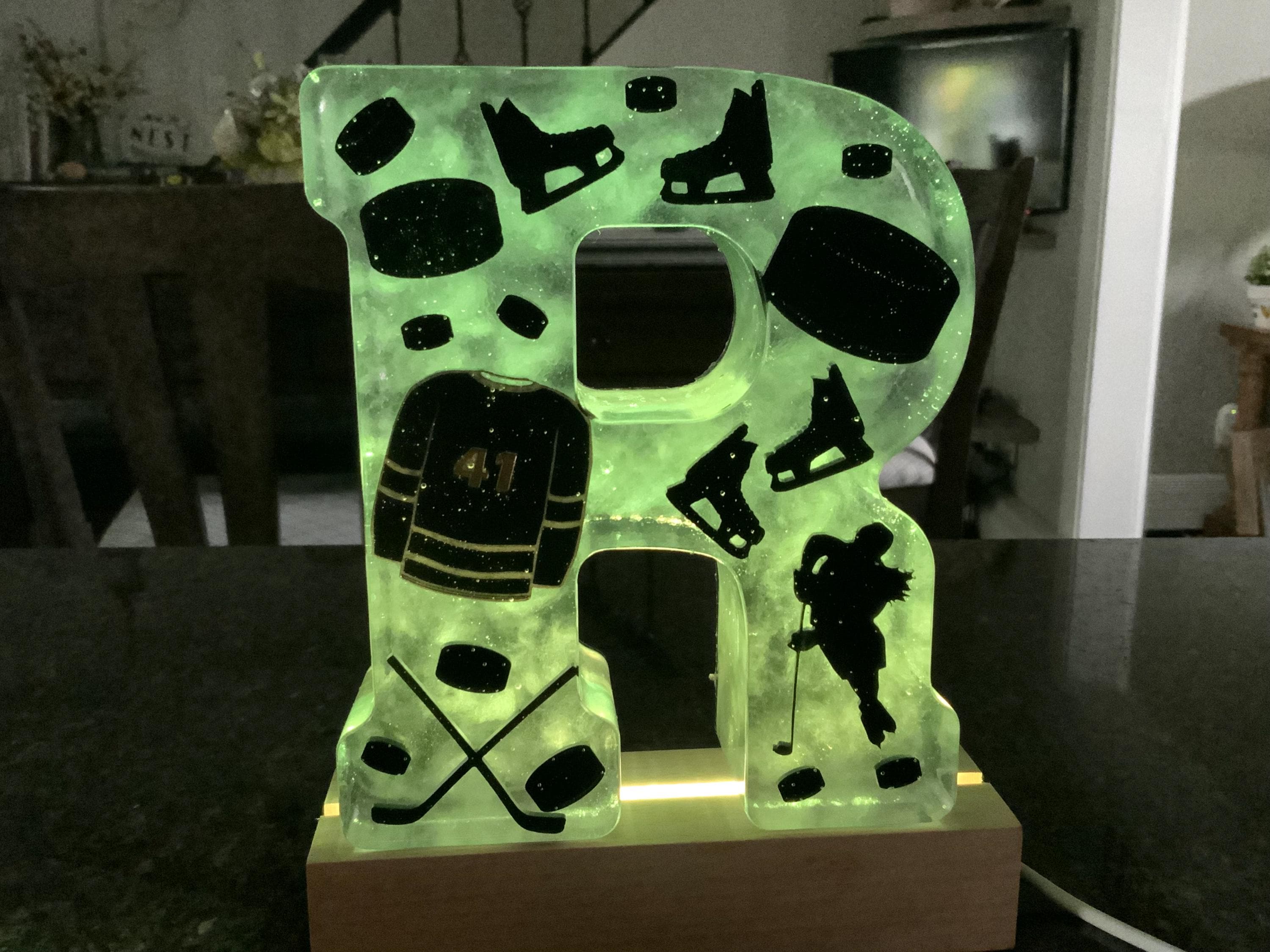 Handmade Resin Lighted Letter – Ice Hockey Theme, Sports Fan Gift