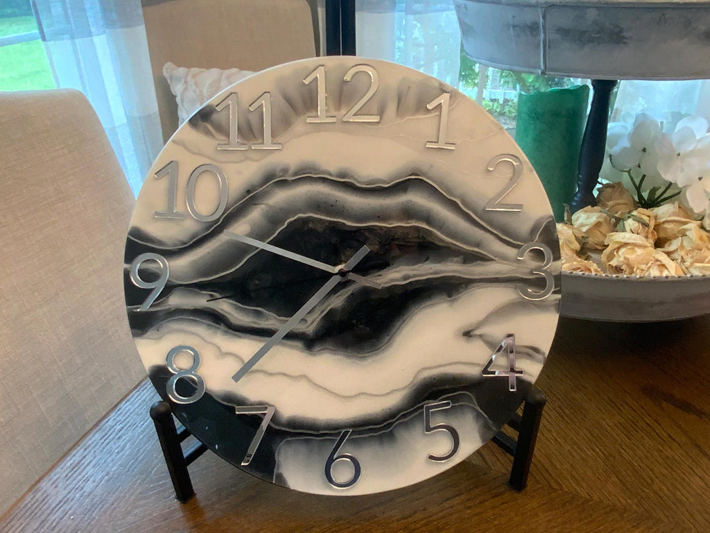 Modern Marbleized Clock: Black, Grey & Silver - 12" Diameter