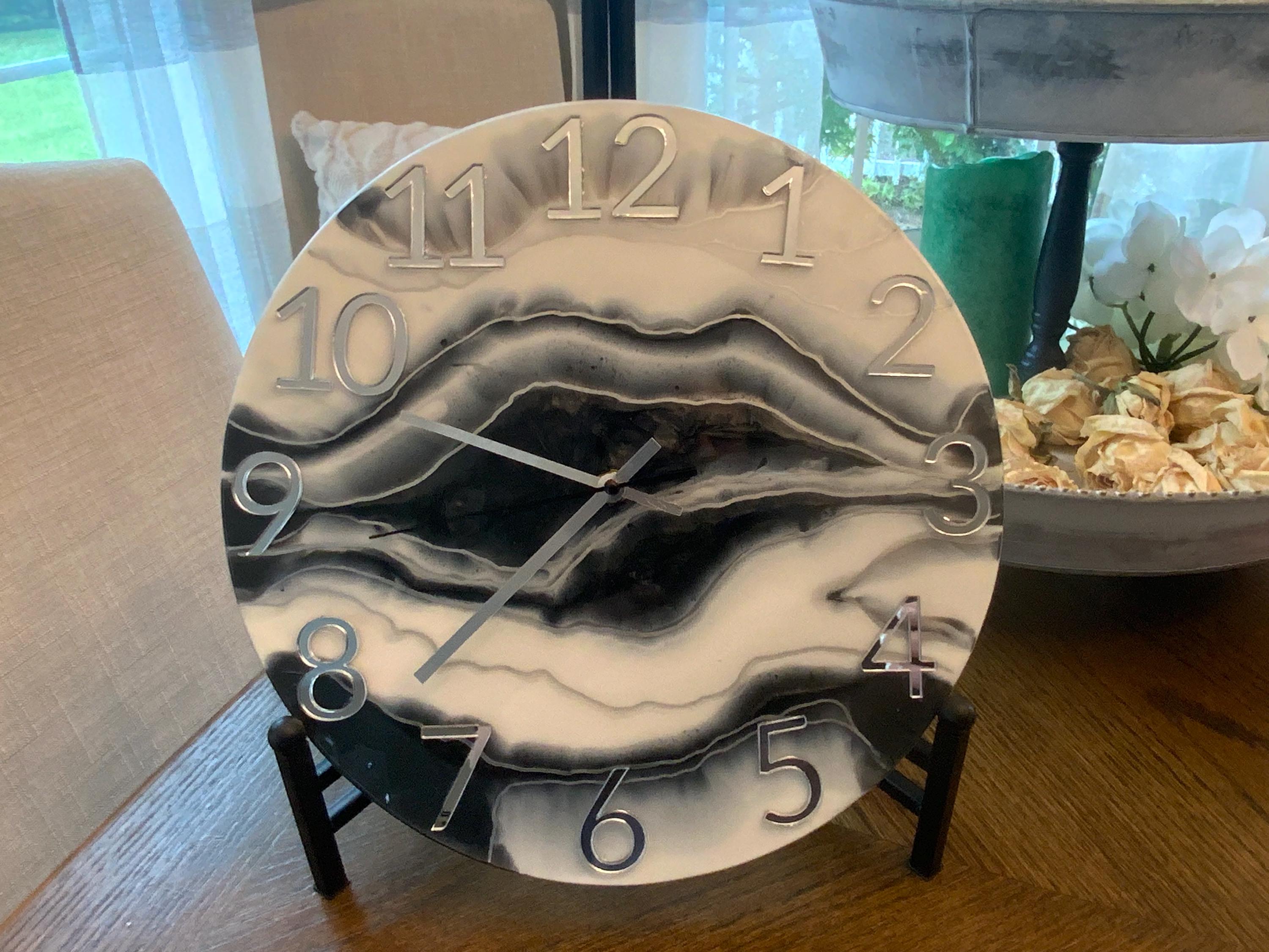 Modern Marbleized Clock: Black, Grey & Silver - 12" Diameter