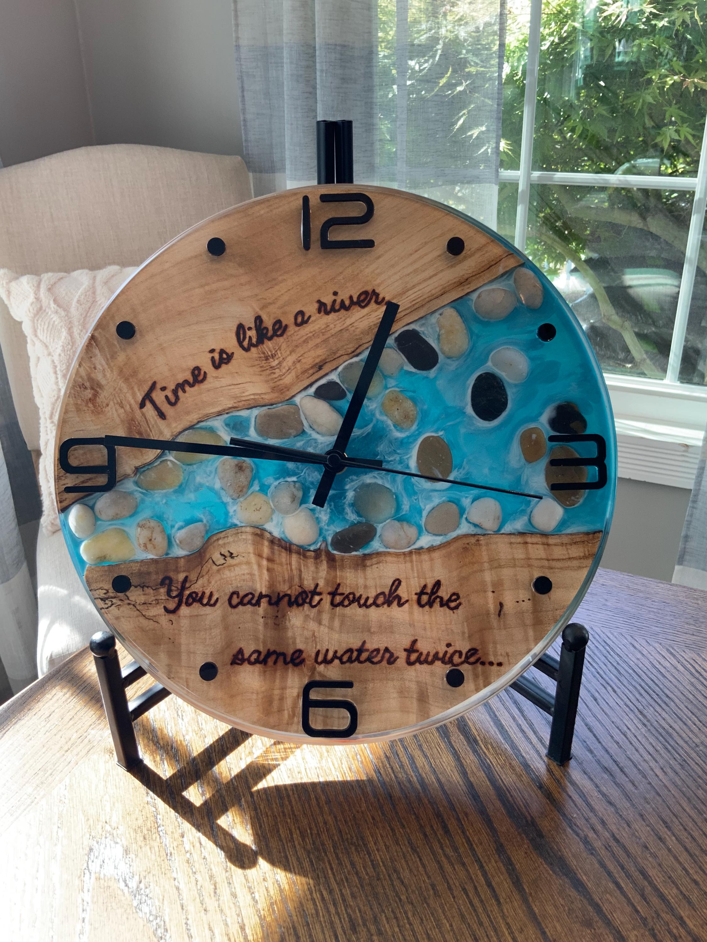 Black Walnut River Clock: Epoxy Resin Wood Art, Hand Burned