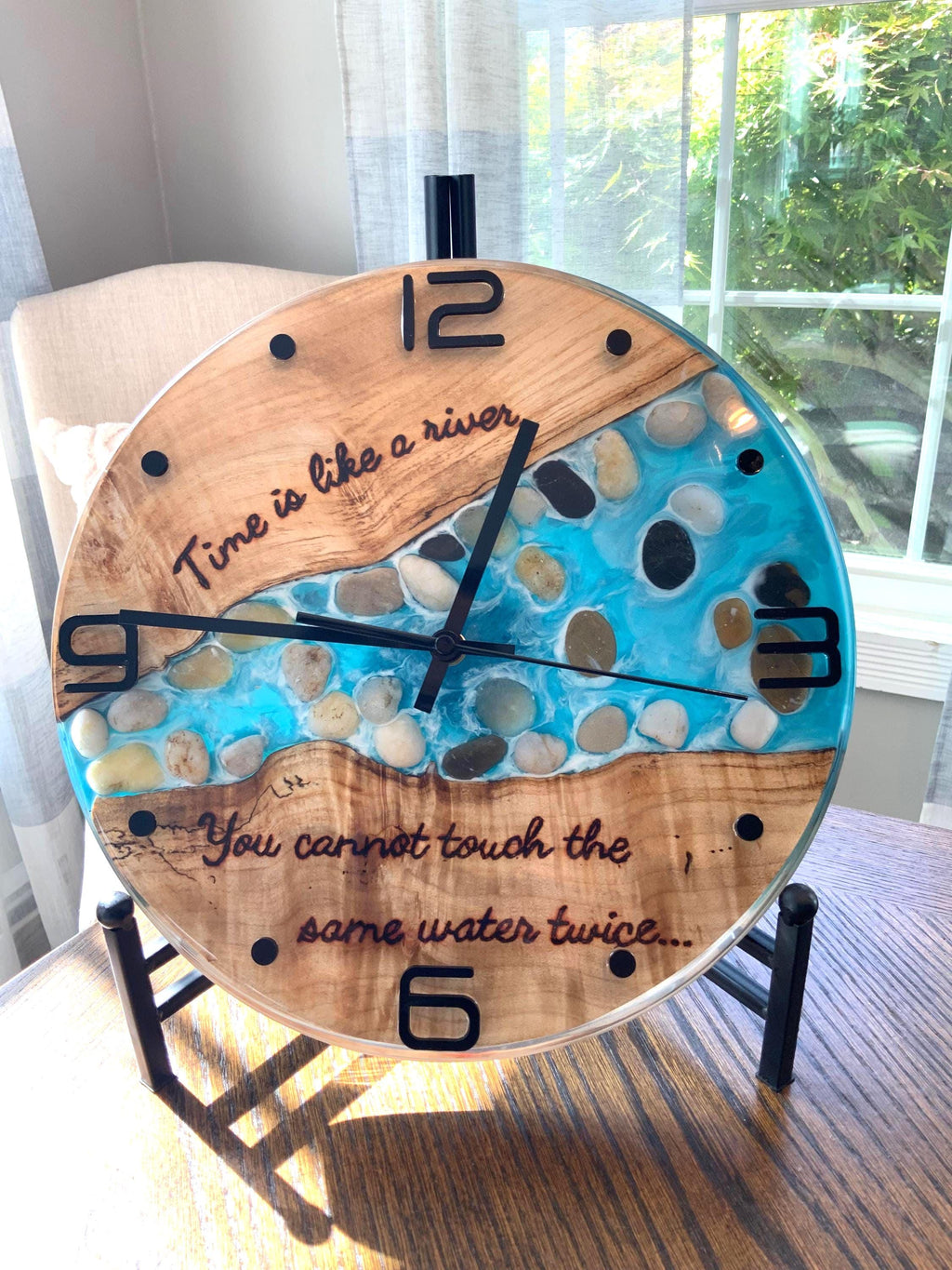 Black Walnut River Clock: Epoxy Resin Wood Art, Hand Burned