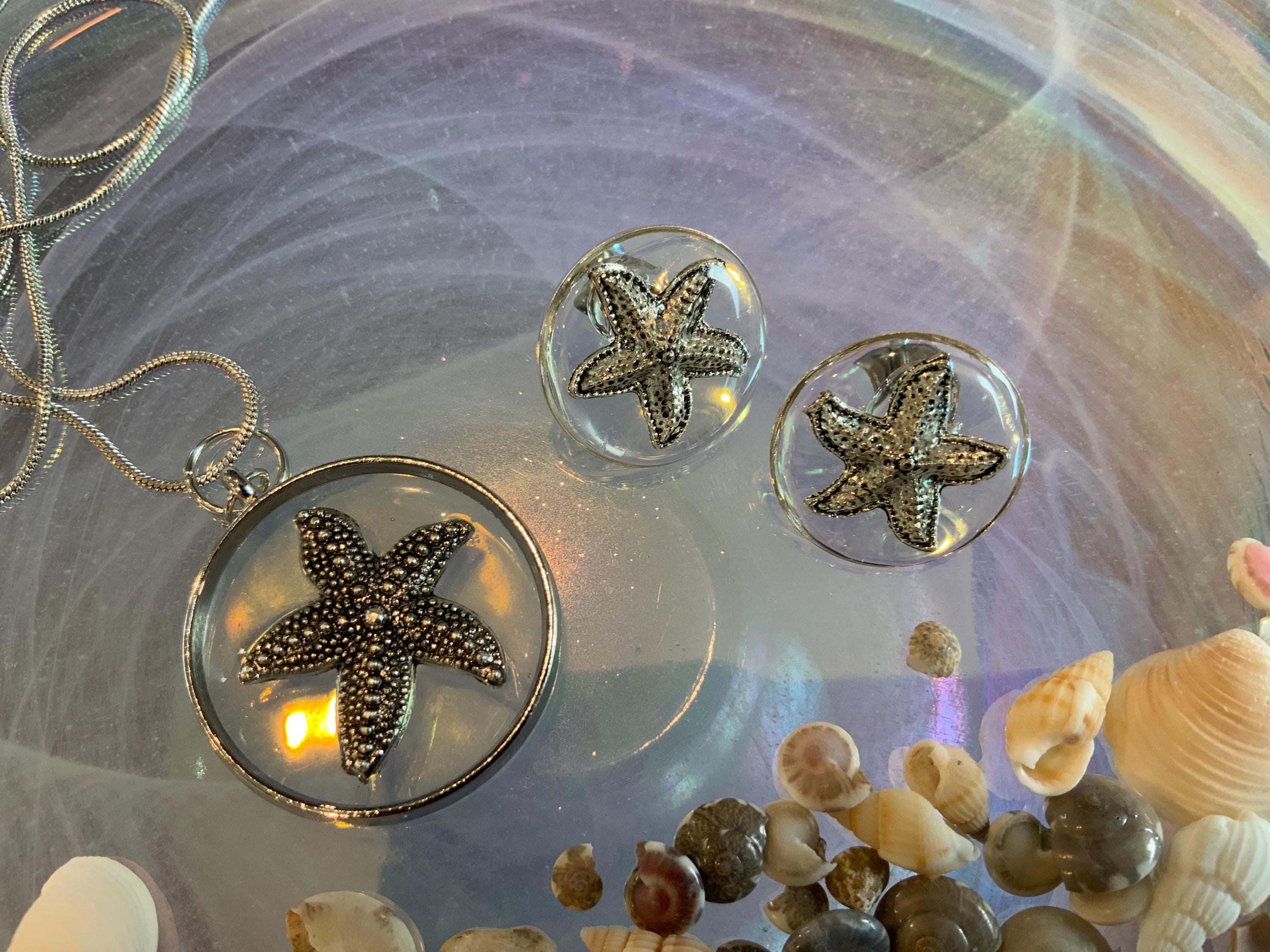 Starfish Pendant Necklace and Earring Set: Stainless Steel, 18" Snake Chain