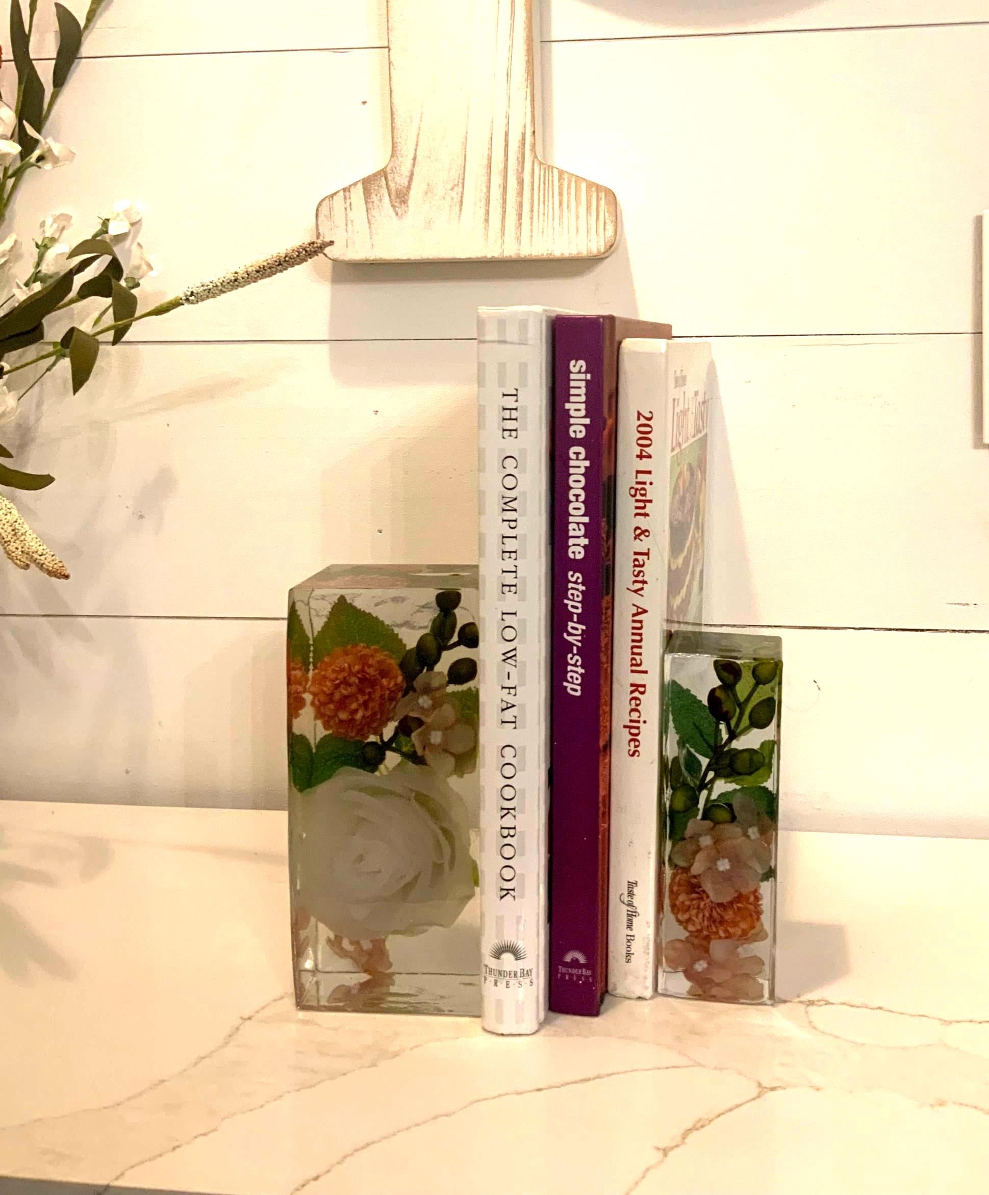 Handmade Resin Bookends – White Rose Design, Decorative Book Holder