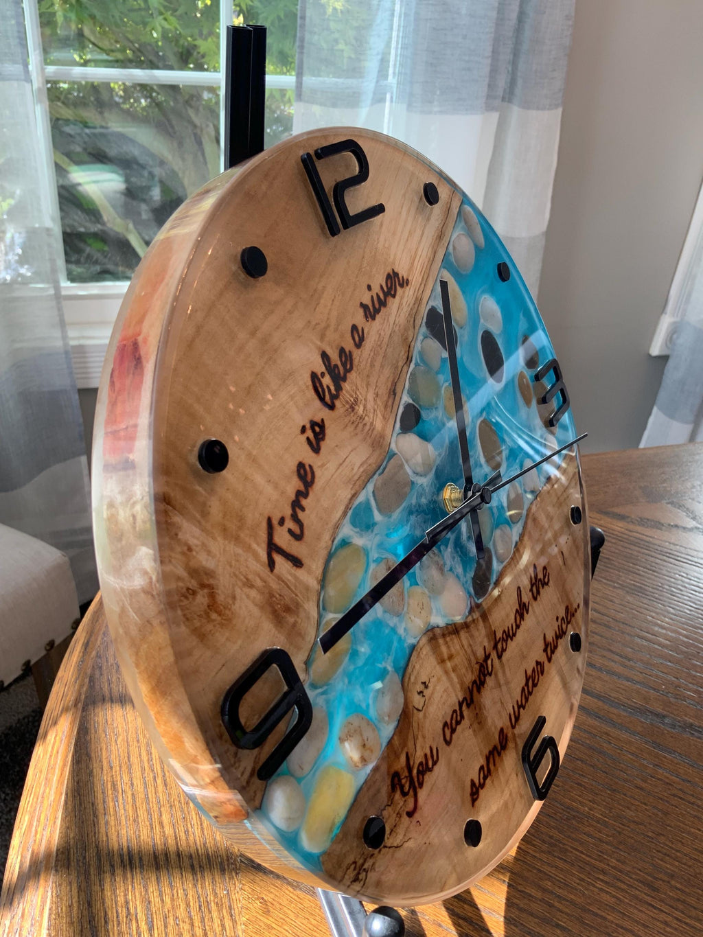 Black Walnut River Clock: Epoxy Resin Wood Art, Hand Burned