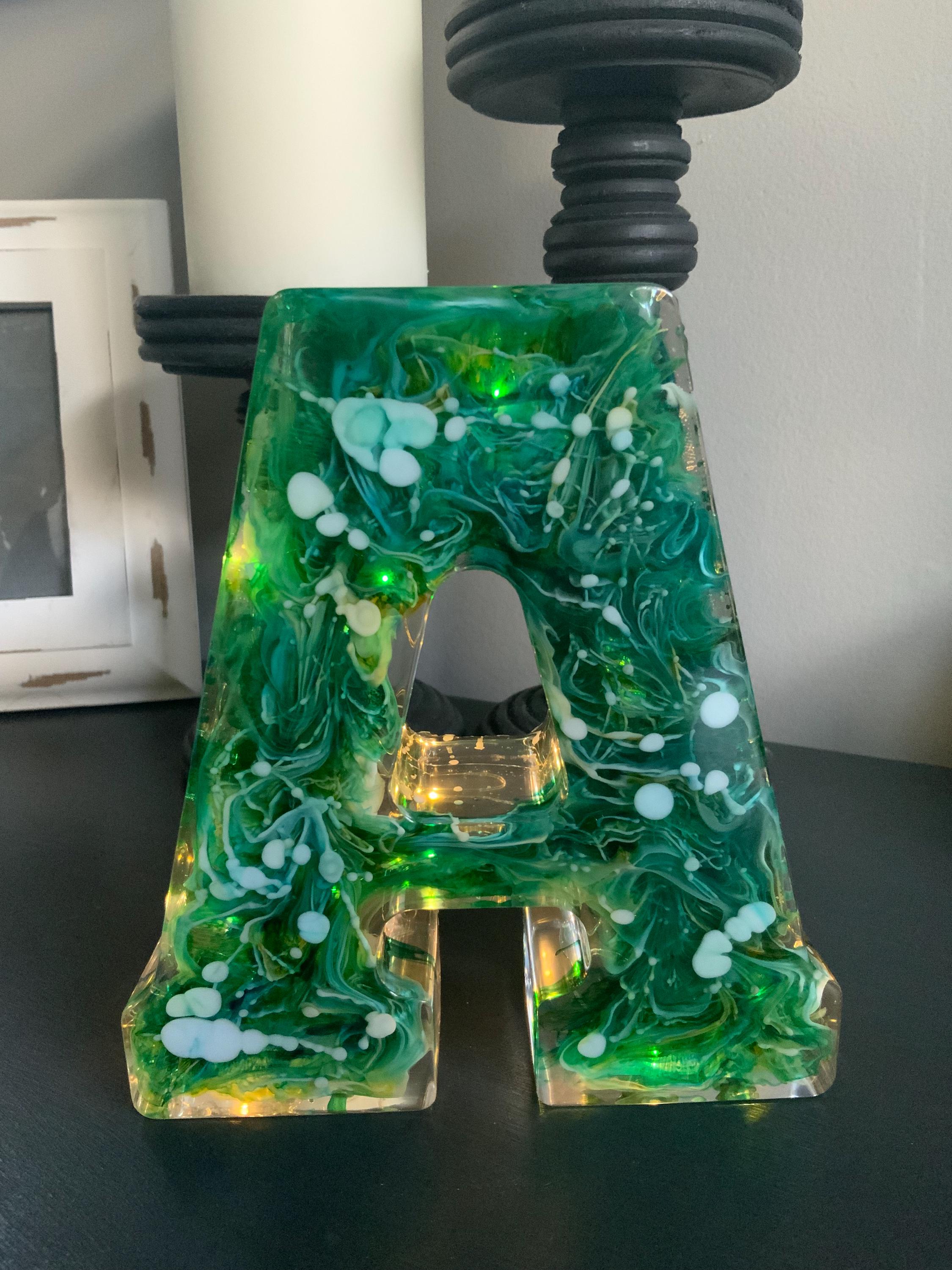 Handmade Resin Lighted Letter – Green Swirl Night Light Decor