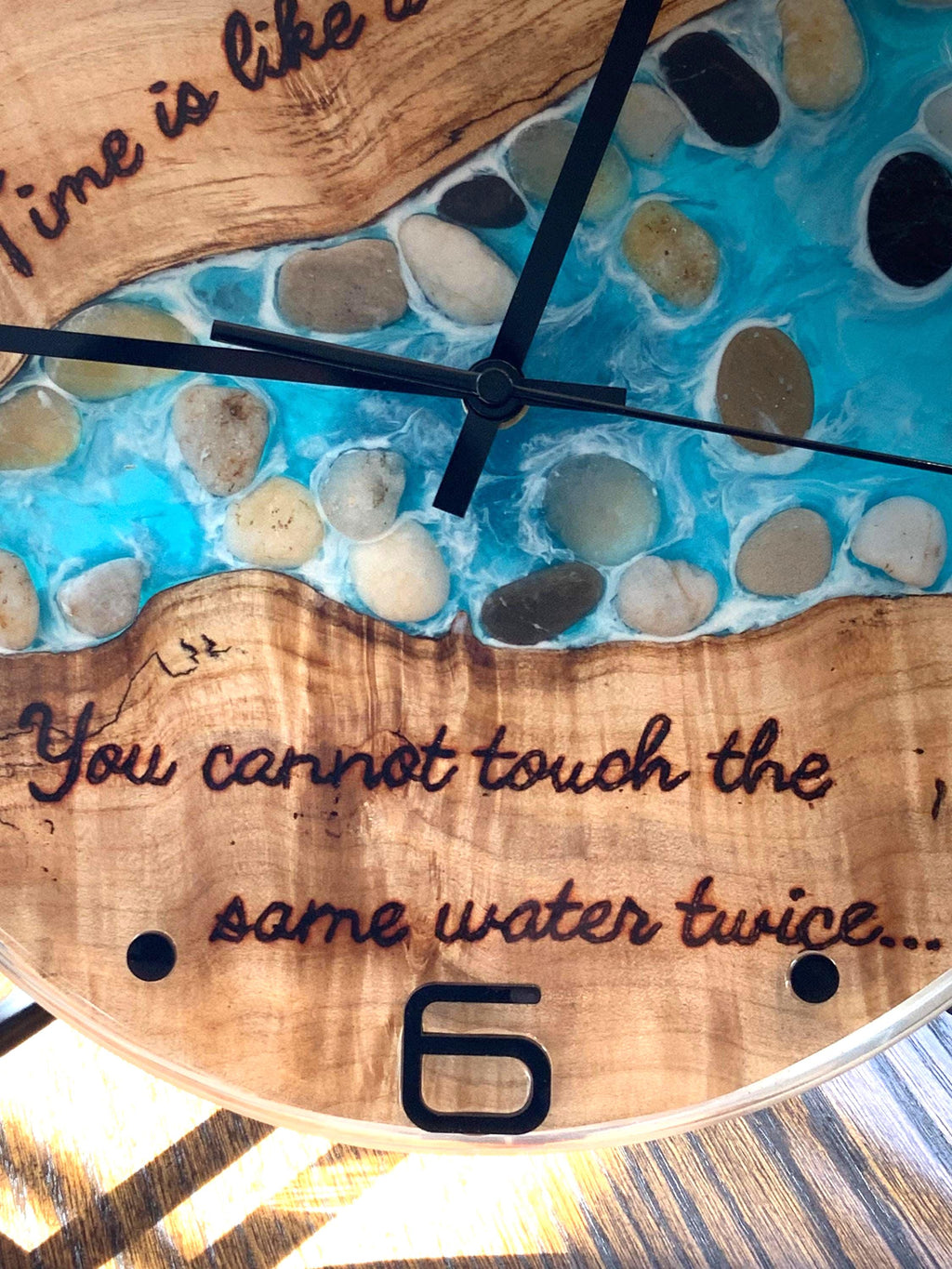 Black Walnut River Clock: Epoxy Resin Wood Art, Hand Burned