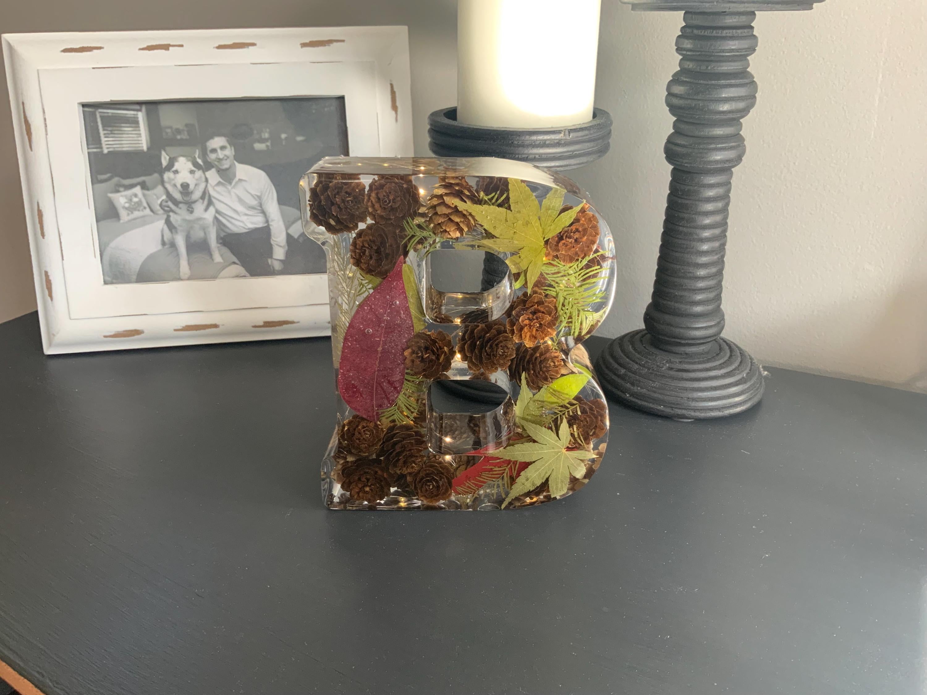 Handmade Resin Lighted Letter – Pinecone & Leaves Night Light Decor