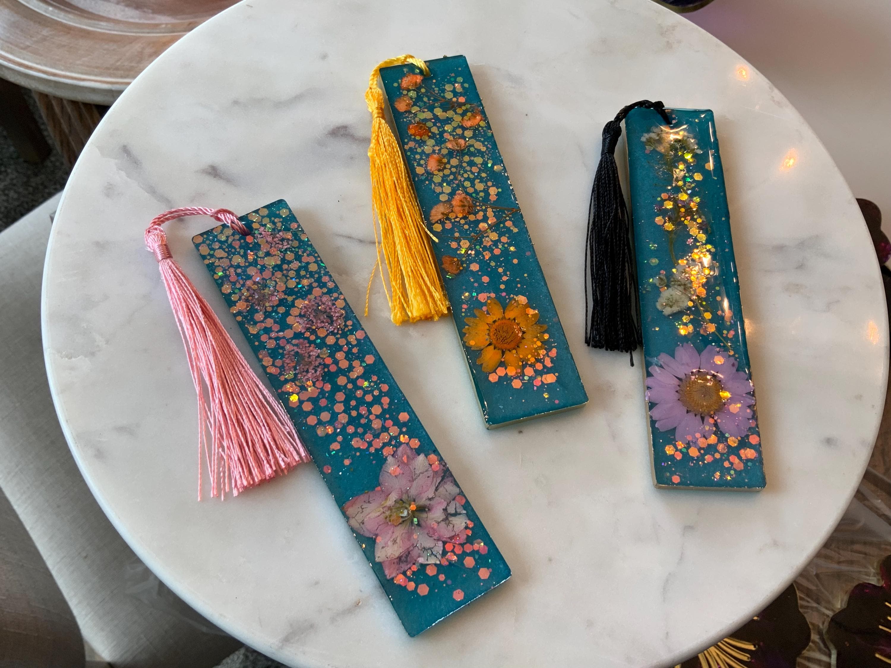 Handmade Teal Floral Resin Bookmark Set — Unique Book Lover Gift