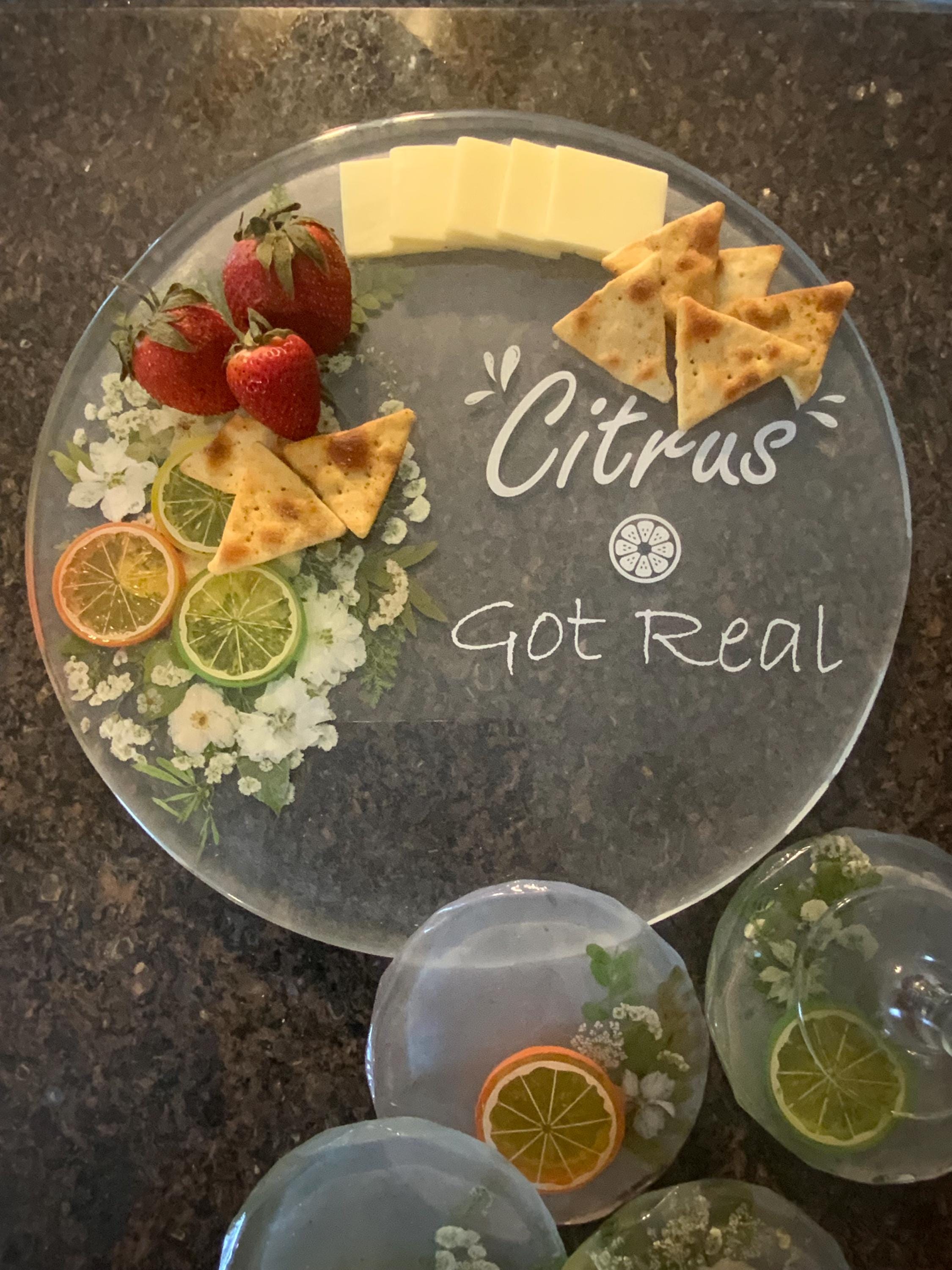 Our “Citrus Got Real” Serving Tray and Coasters