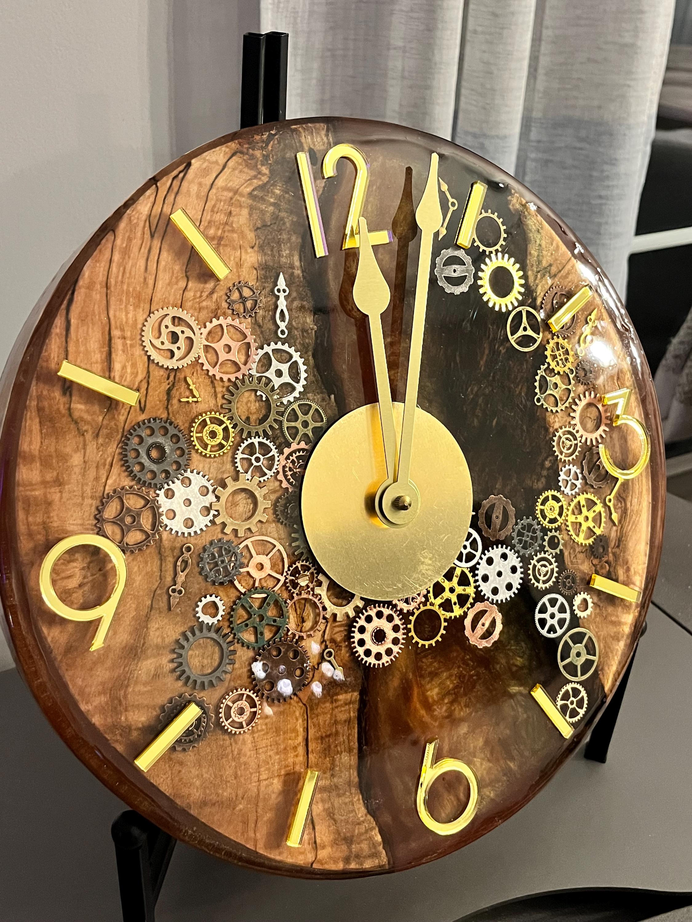 Resin Black Walnut Gears Clock: Gold Accents, Modern Decor (12 inch)