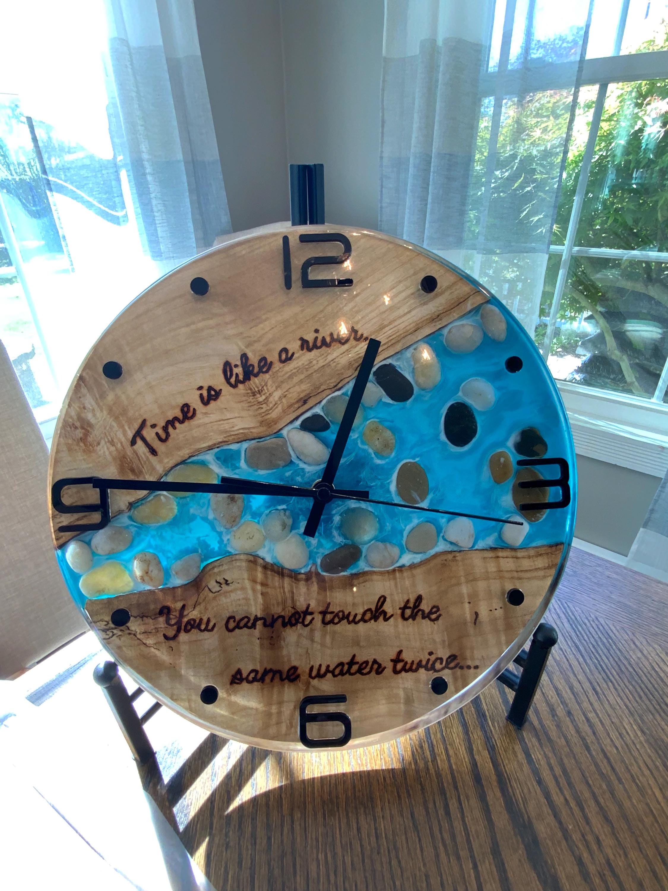 Black Walnut River Clock: Epoxy Resin Wood Art, Hand Burned