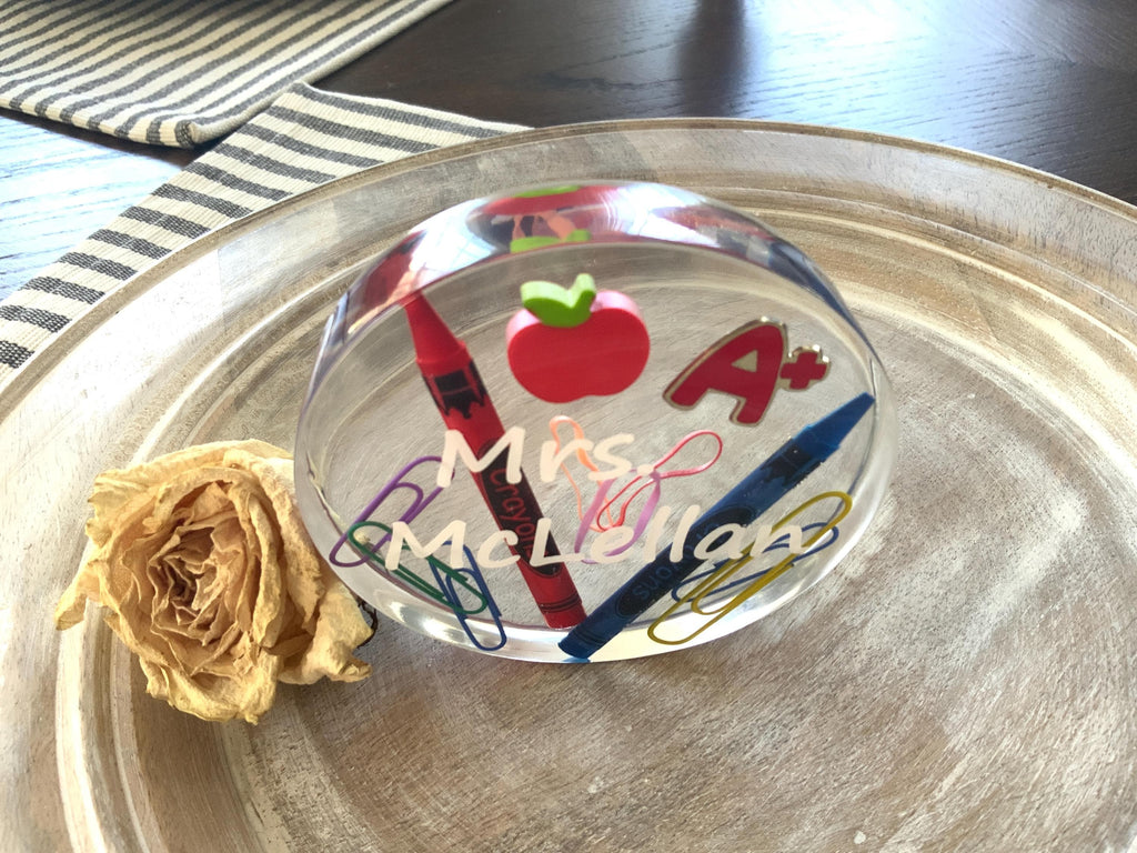 Personalized Teacher Gift Paperweight – Resin Apple & Crayon Keepsake