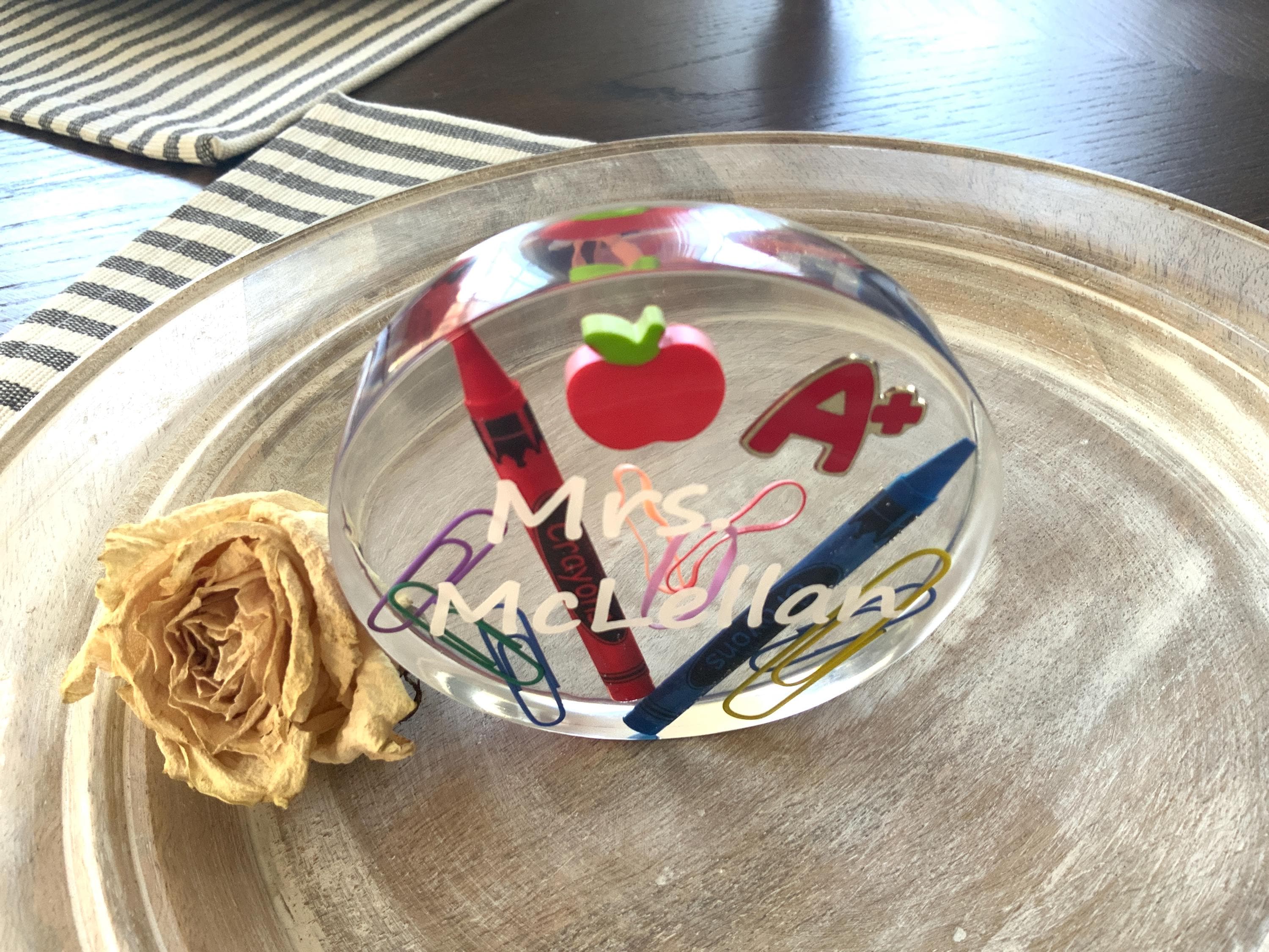 Personalized Teacher Gift Paperweight – Resin Apple & Crayon Keepsake