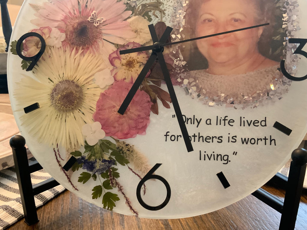 Personalized Memorial Clock – Photo & Quote Pressed Flower Keepsake Gift