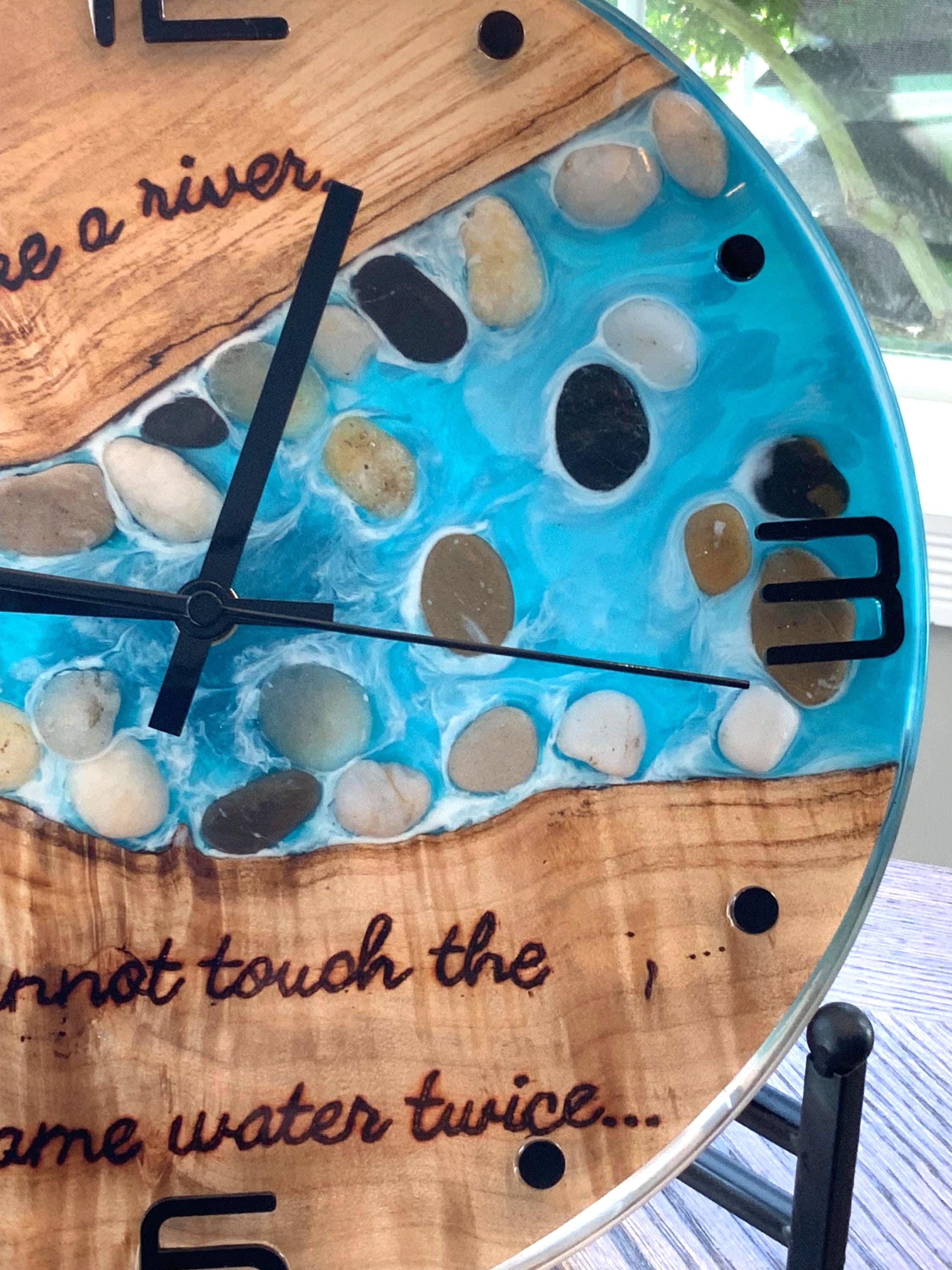 Black Walnut River Clock: Epoxy Resin Wood Art, Hand Burned