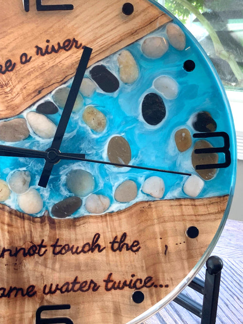 Black Walnut River Clock: Epoxy Resin Wood Art, Hand Burned