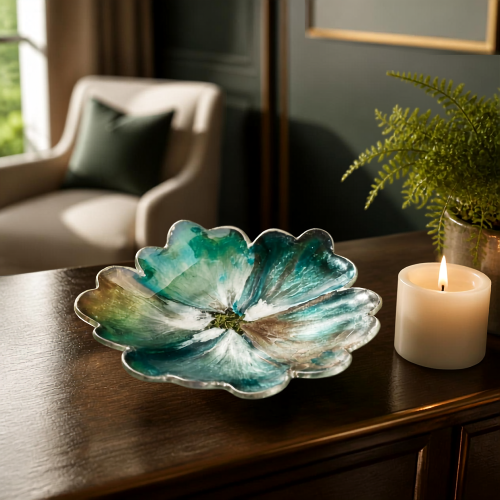 Handmade Resin Decorative Bowl – Woodland Mist Forest Green Centerpiece Gift