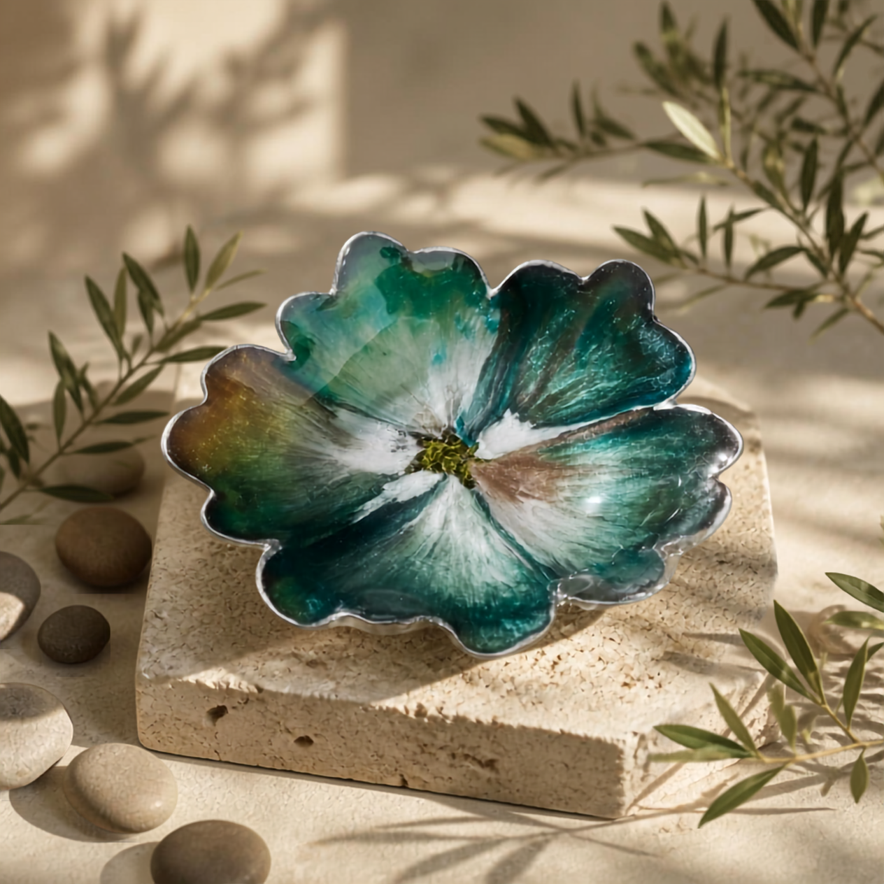 Handmade Resin Decorative Bowl – Woodland Mist Forest Green Centerpiece Gift