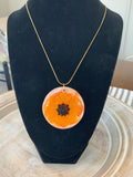 Orange Daisy Round Pendant Necklace – Pressed Flower Resin Jewelry