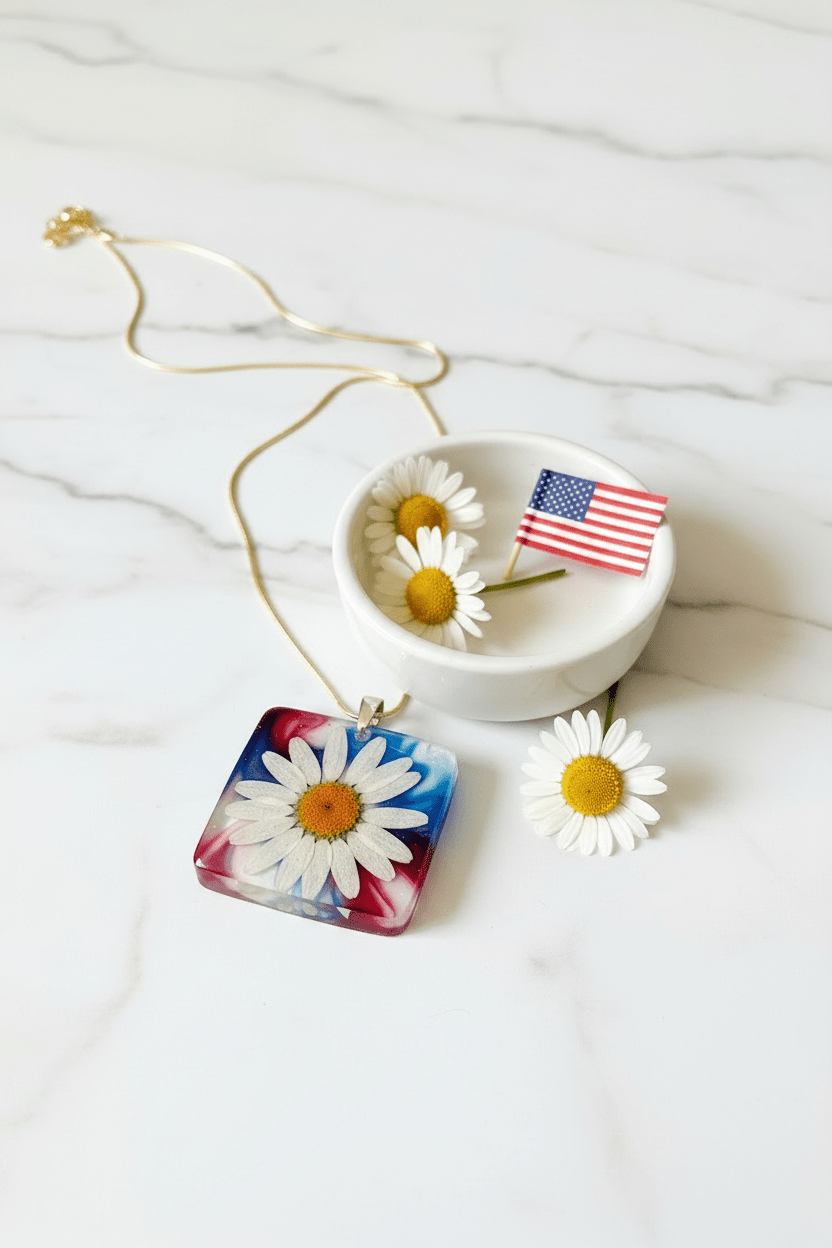 Americana Daisy Resin Necklace – Red, White & Blue Floral Pendant - The Glossy Gift Shop