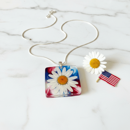 Americana Daisy Resin Necklace – Red, White & Blue Floral Pendant - The Glossy Gift Shop