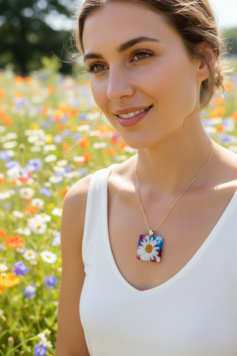 Americana Daisy Resin Necklace – Red, White & Blue Floral Pendant - The Glossy Gift Shop