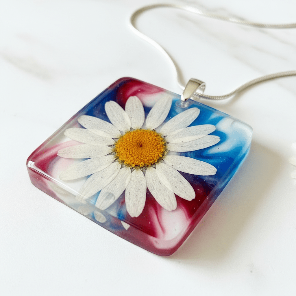 Americana Daisy Resin Necklace – Red, White & Blue Floral Pendant - The Glossy Gift Shop