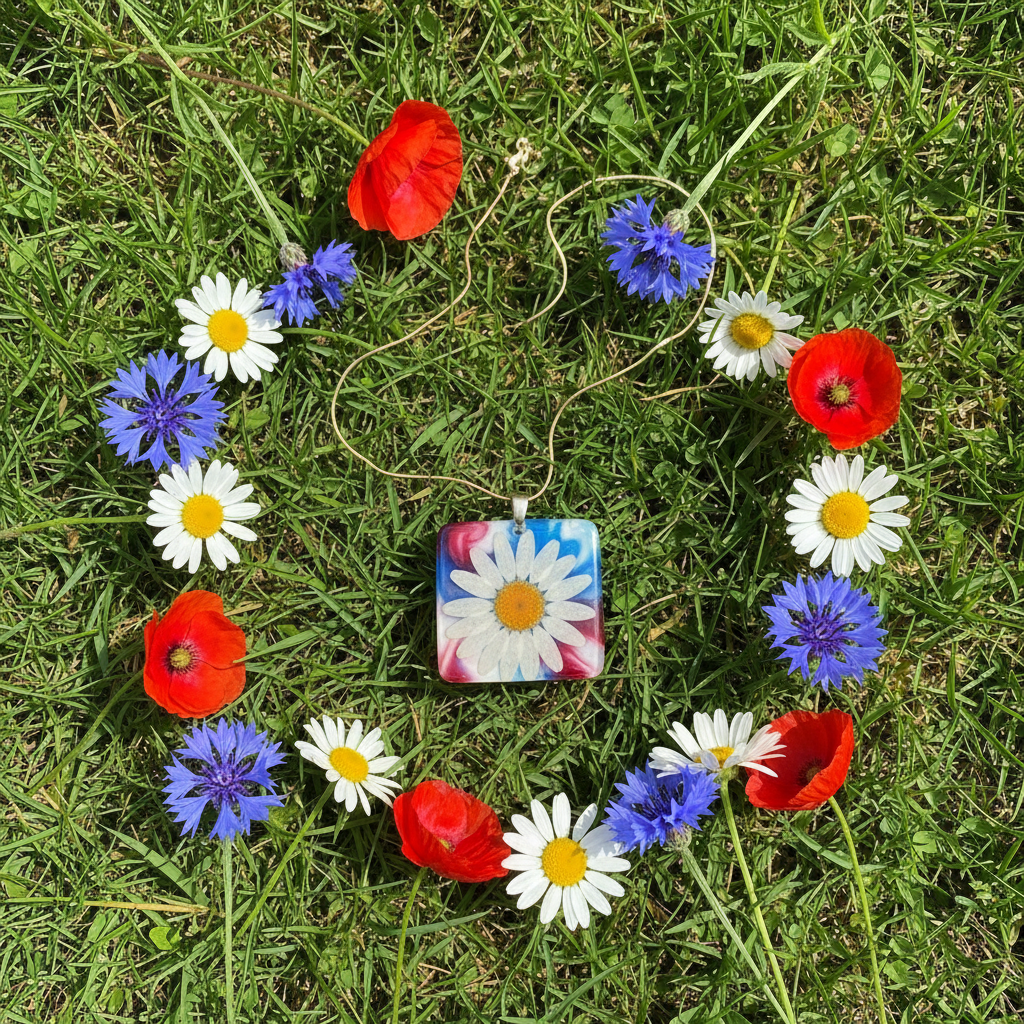Americana Daisy Resin Necklace – Red, White & Blue Floral Pendant - The Glossy Gift Shop