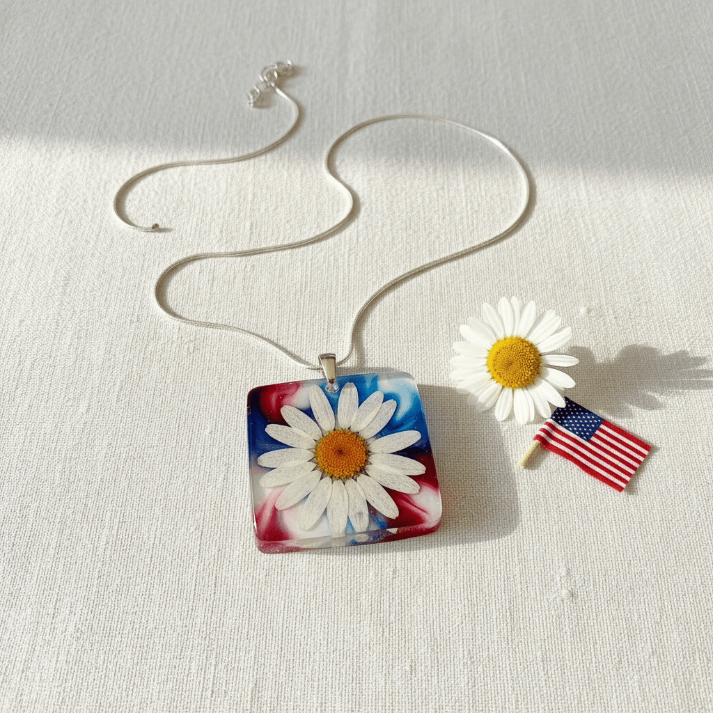 Americana Daisy Resin Necklace – Red, White & Blue Floral Pendant - The Glossy Gift Shop