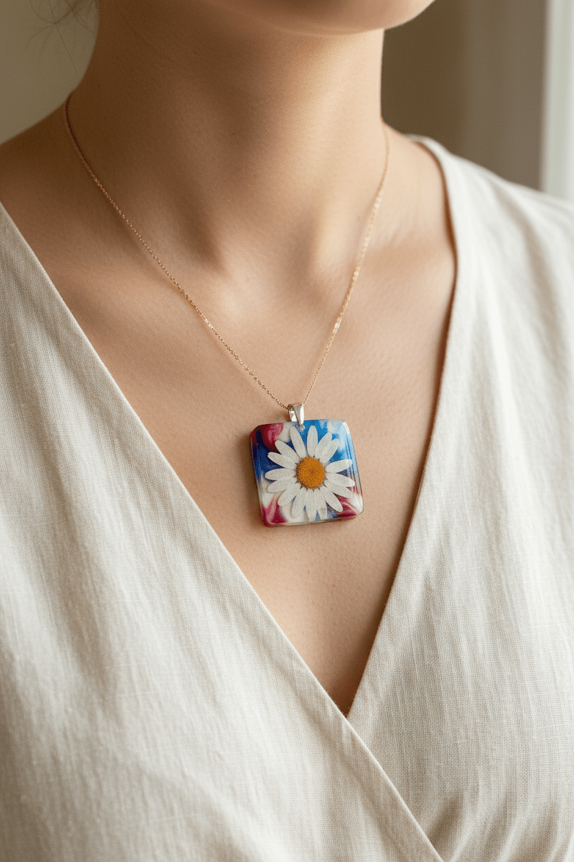 Americana Daisy Resin Necklace – Red, White & Blue Floral Pendant - The Glossy Gift Shop