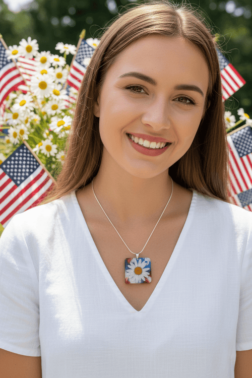 Americana Daisy Resin Necklace – Red, White & Blue Floral Pendant - The Glossy Gift Shop