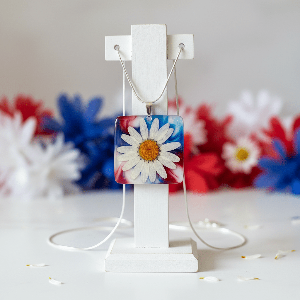 Americana Daisy Resin Necklace – Red, White & Blue Floral Pendant - The Glossy Gift Shop