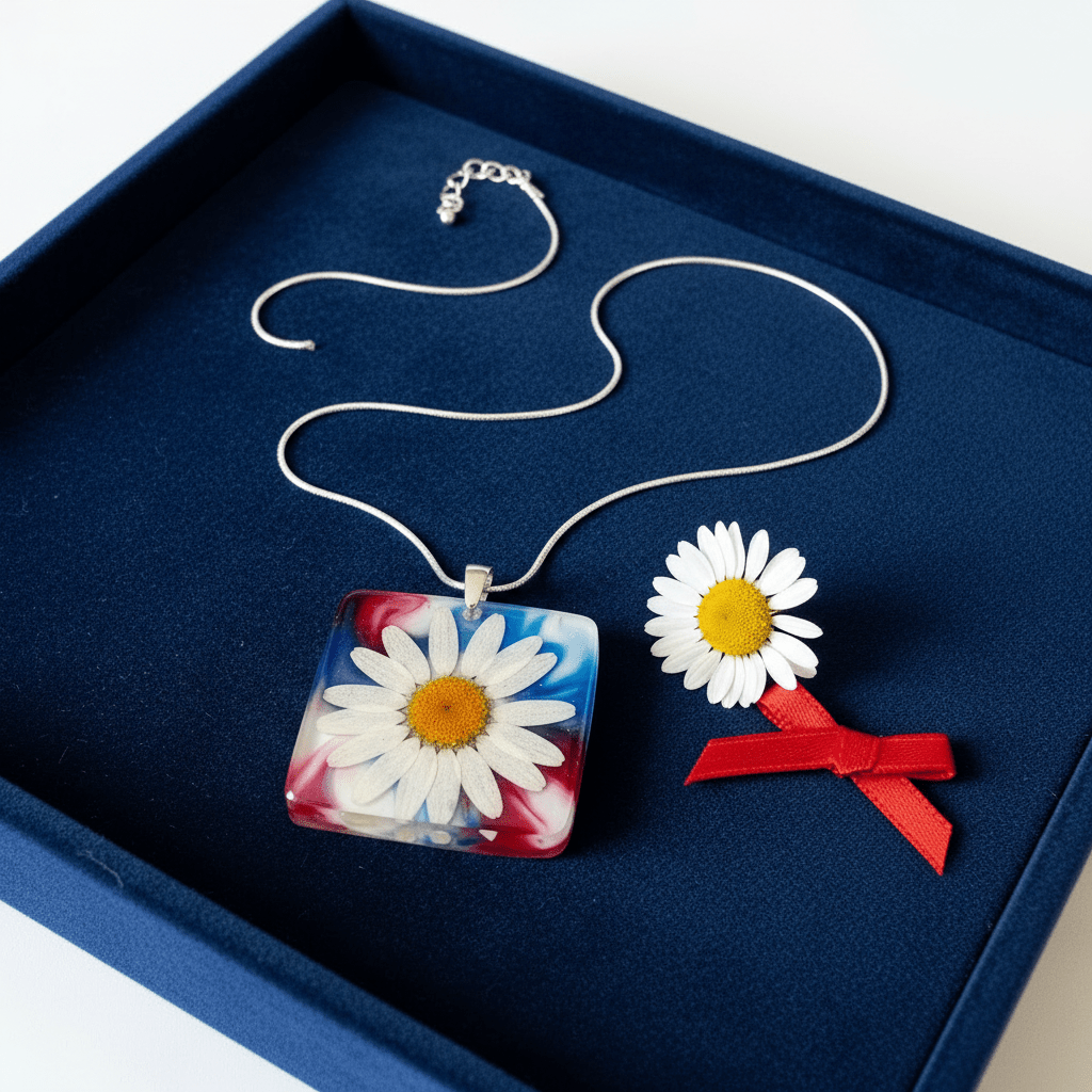 Americana Daisy Resin Necklace – Red, White & Blue Floral Pendant - The Glossy Gift Shop